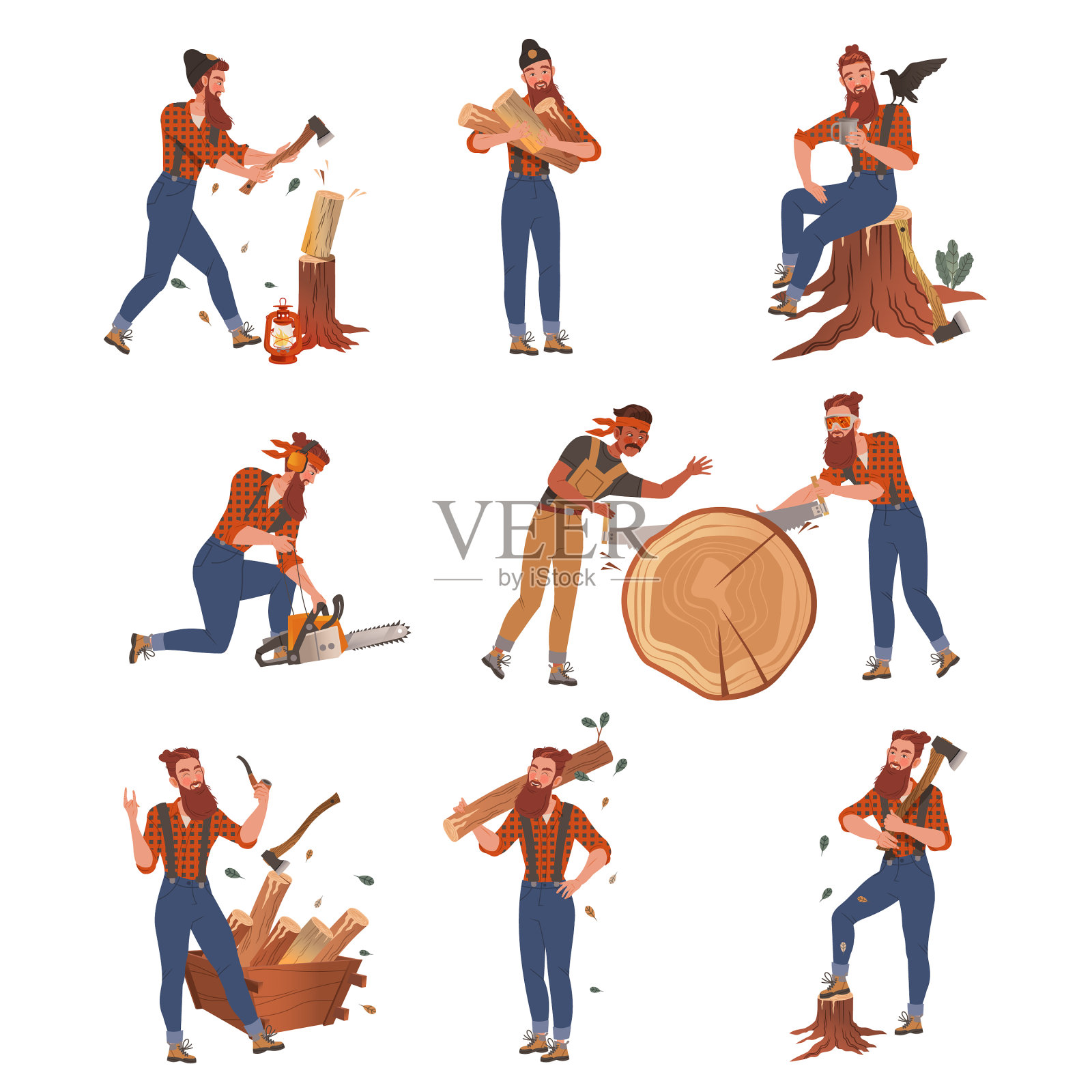 红发长胡子的伐木工或穿格子衣服的伐木工插画图片素材