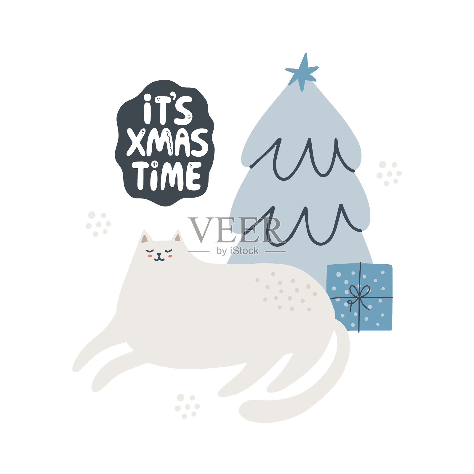 可爱的猫在圣诞树附近。手绘矢量插图。现在是圣诞节写信的时候了。贺卡模板插画图片素材