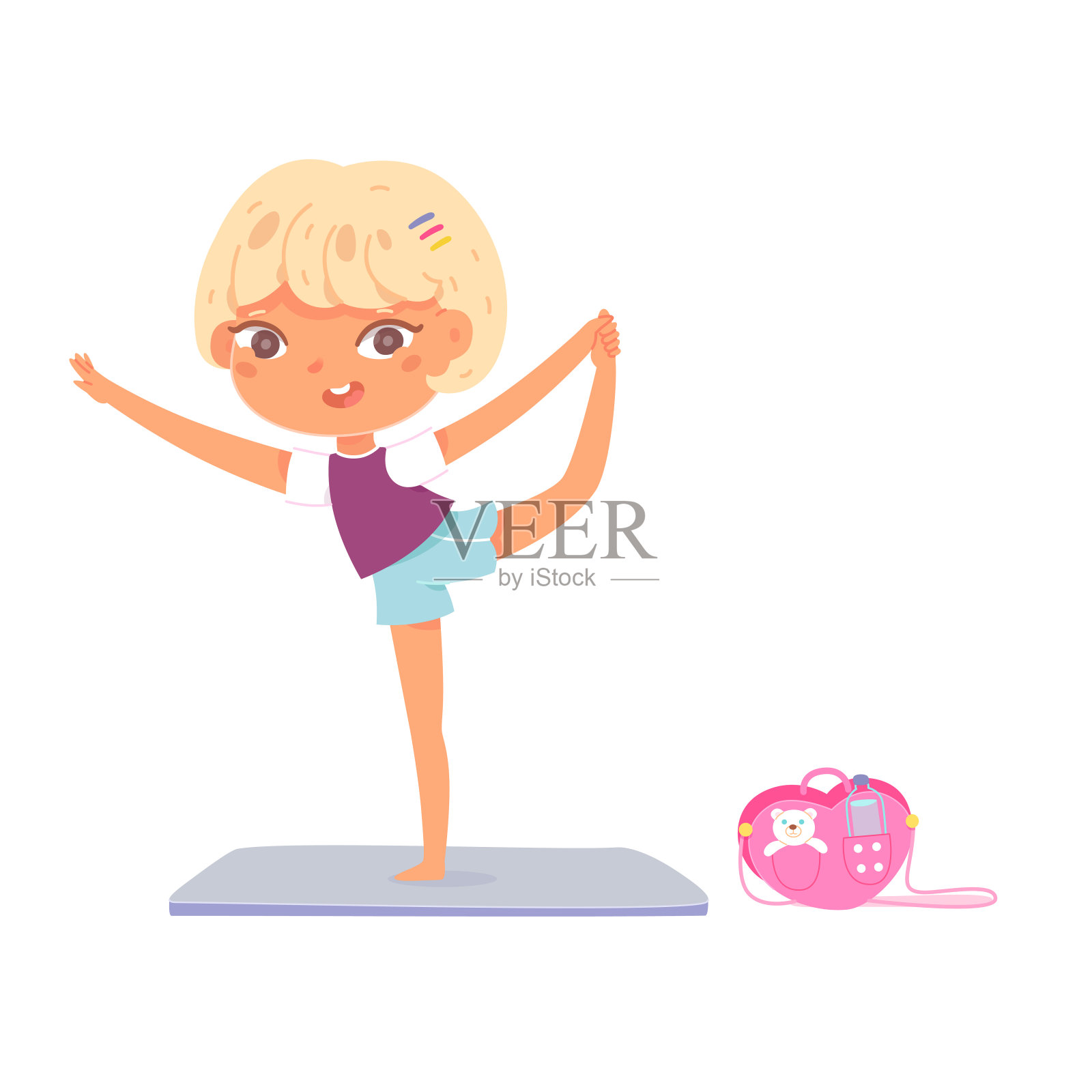 可爱的女孩做瑜伽运动锻炼，健康的生活方式活动，在健身房锻炼插画图片素材