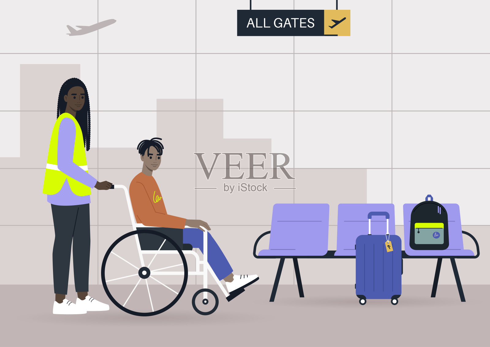 机场工作人员协助坐轮椅的乘客，转移到登机口，包容和无障碍插画图片素材
