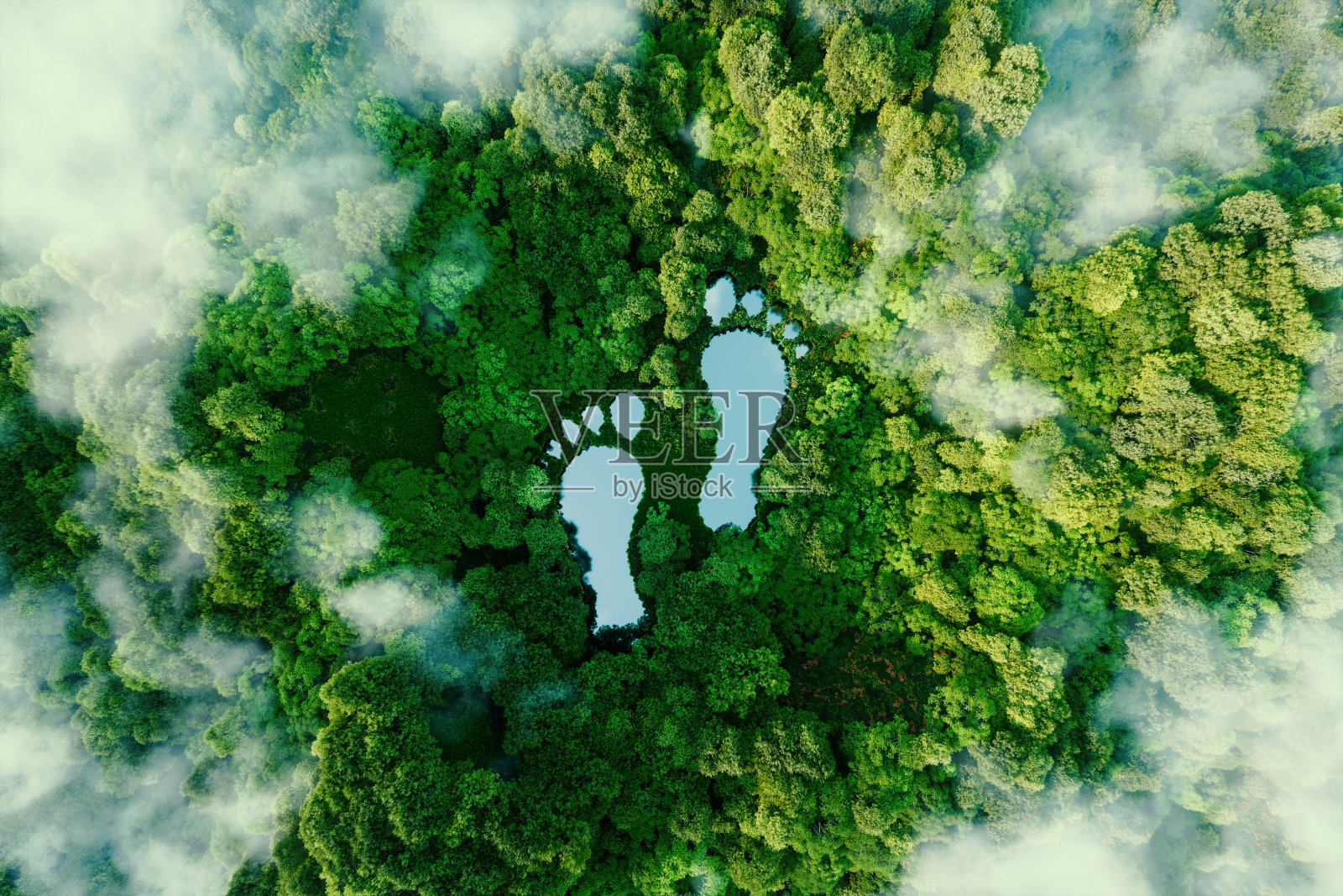 人类足迹形状的湖泊位于茂密的森林中，象征着人类活动对景观和自然的影响。3 d渲染。照片摄影图片