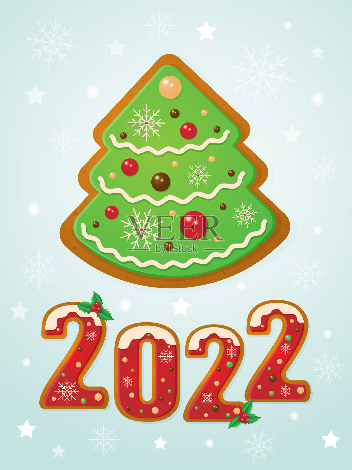有数字形状的姜饼和圣诞树的圣诞卡，垂直。现在是2022年。矢量插图。插画图片素材