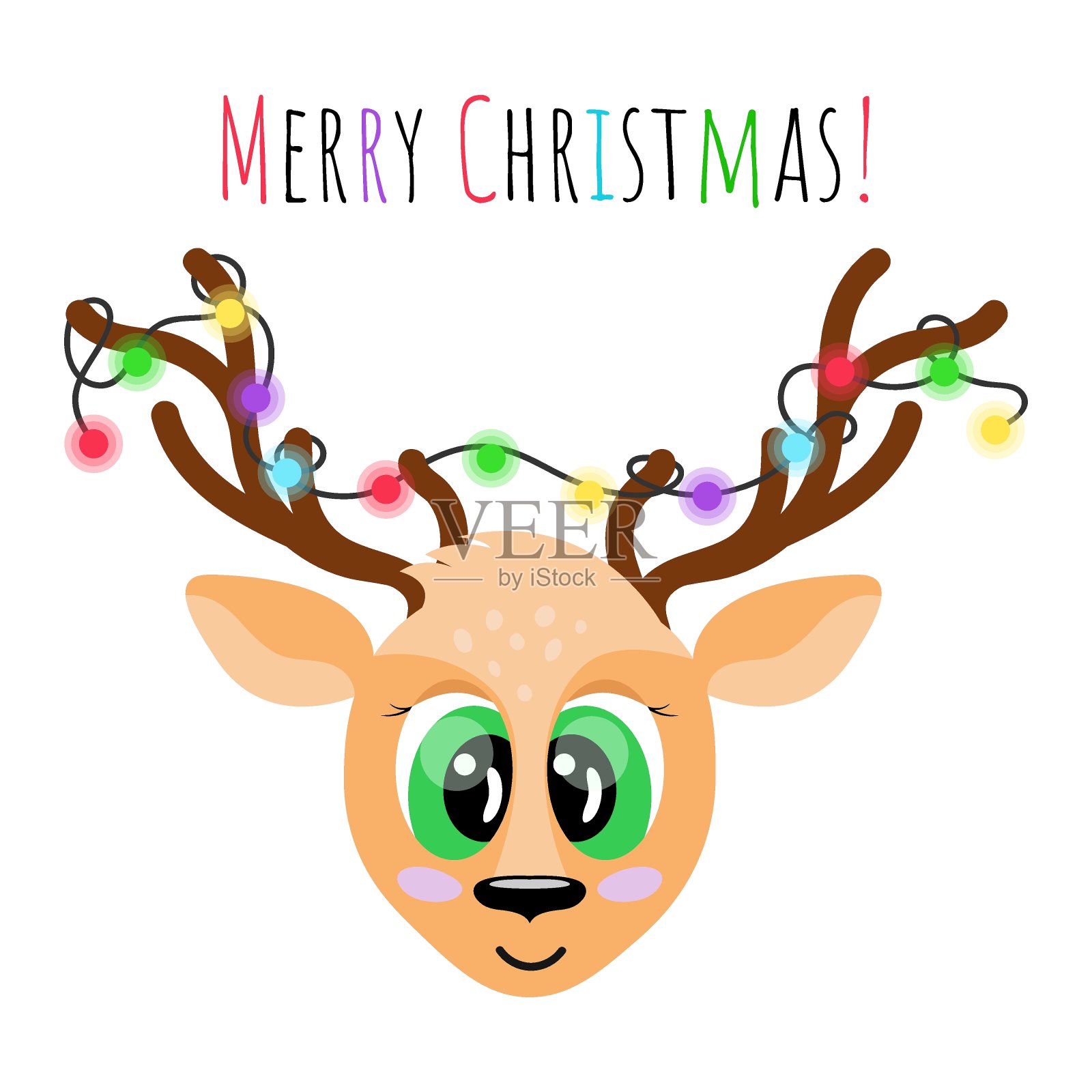 圣诞贺卡。可爱的卡通鹿与发光的彩色花环上的角孤立。矢量图设计元素图片