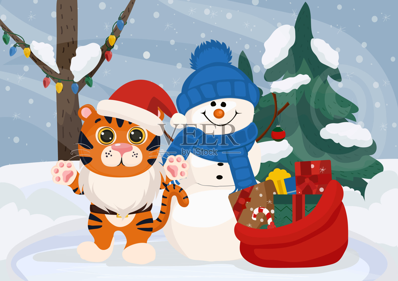 新年和圣诞节搞笑虎。2022年的象征。矢量插图孤立的白色背景。插画图片素材
