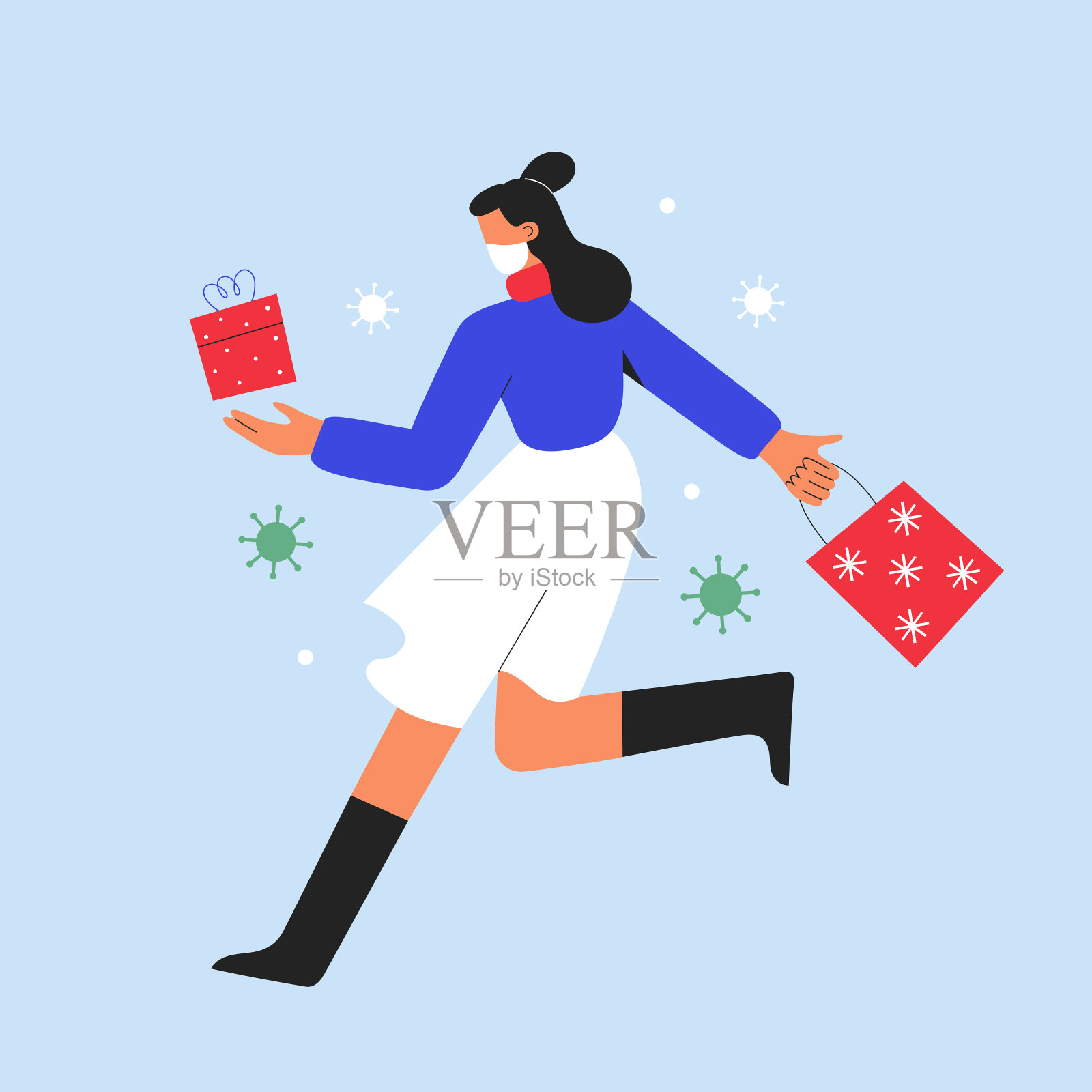 圣诞节购物时，妇女手持购物袋匆忙走进商场，购买圣诞礼物，戴着防新冠防护口罩，矢量插图设计元素图片