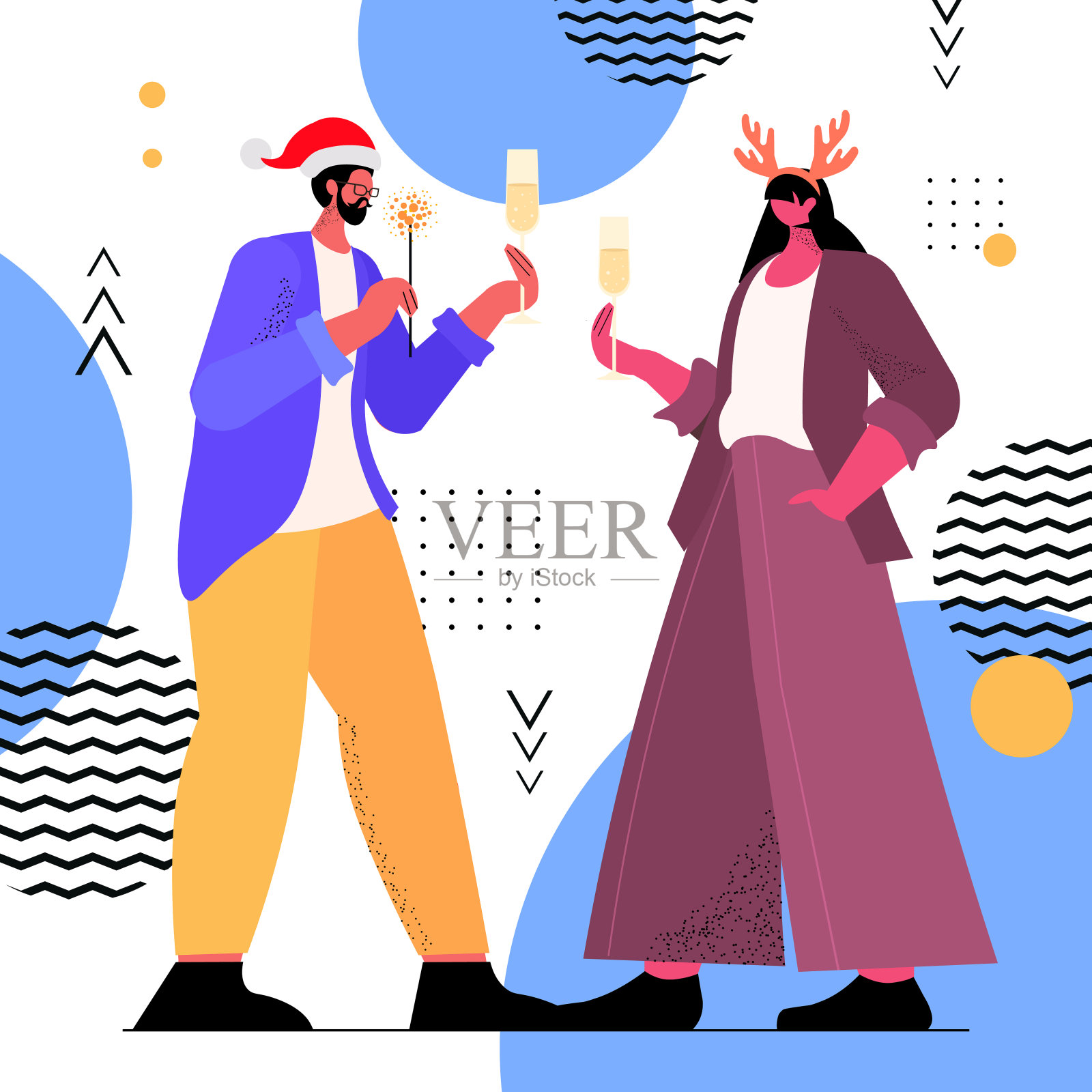 男人和女人戴着节日帽，喝香槟庆祝2022年新年和圣诞节假期的概念插画图片素材