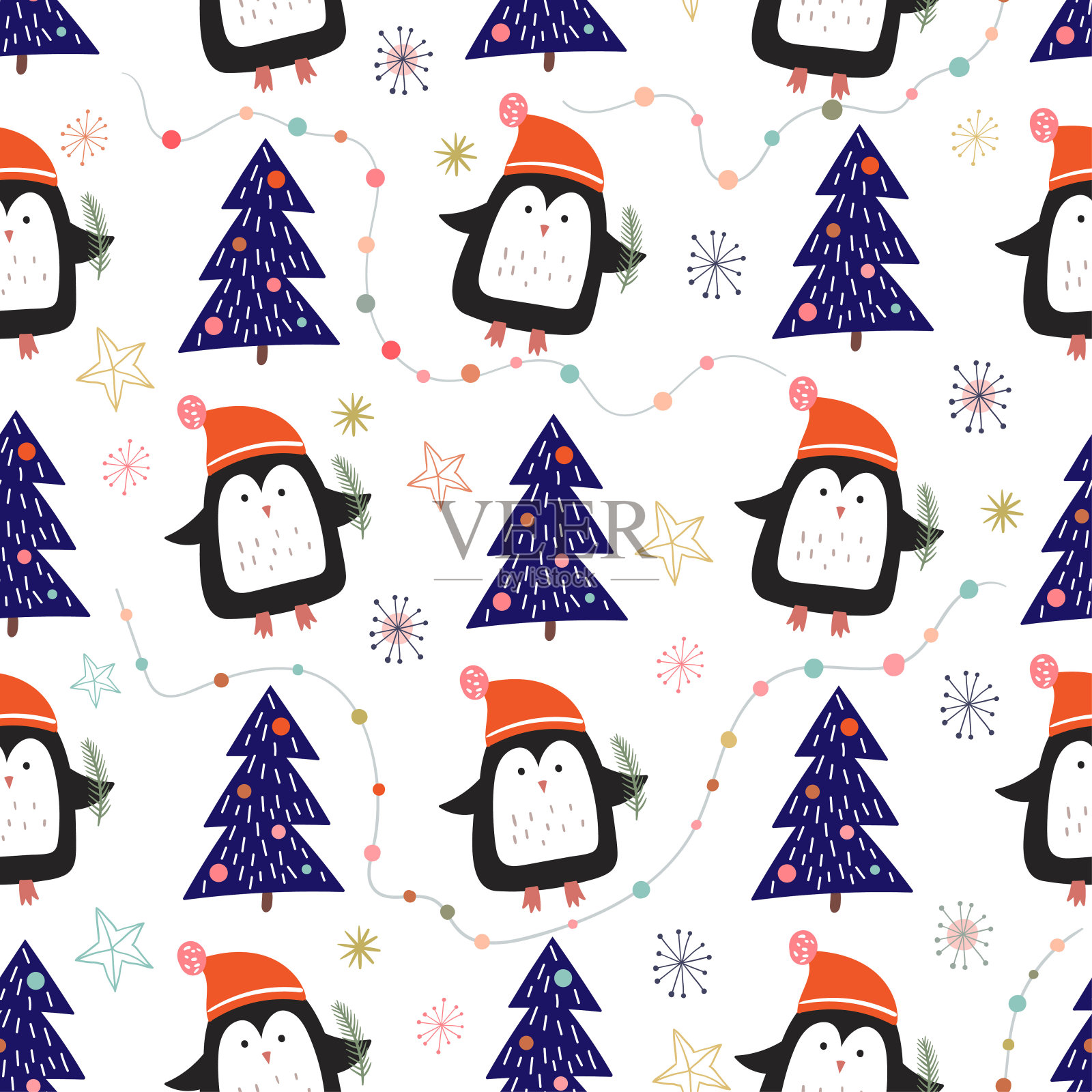 圣诞无缝图案与可爱的企鹅和圣诞树，冬天的背景插画图片素材
