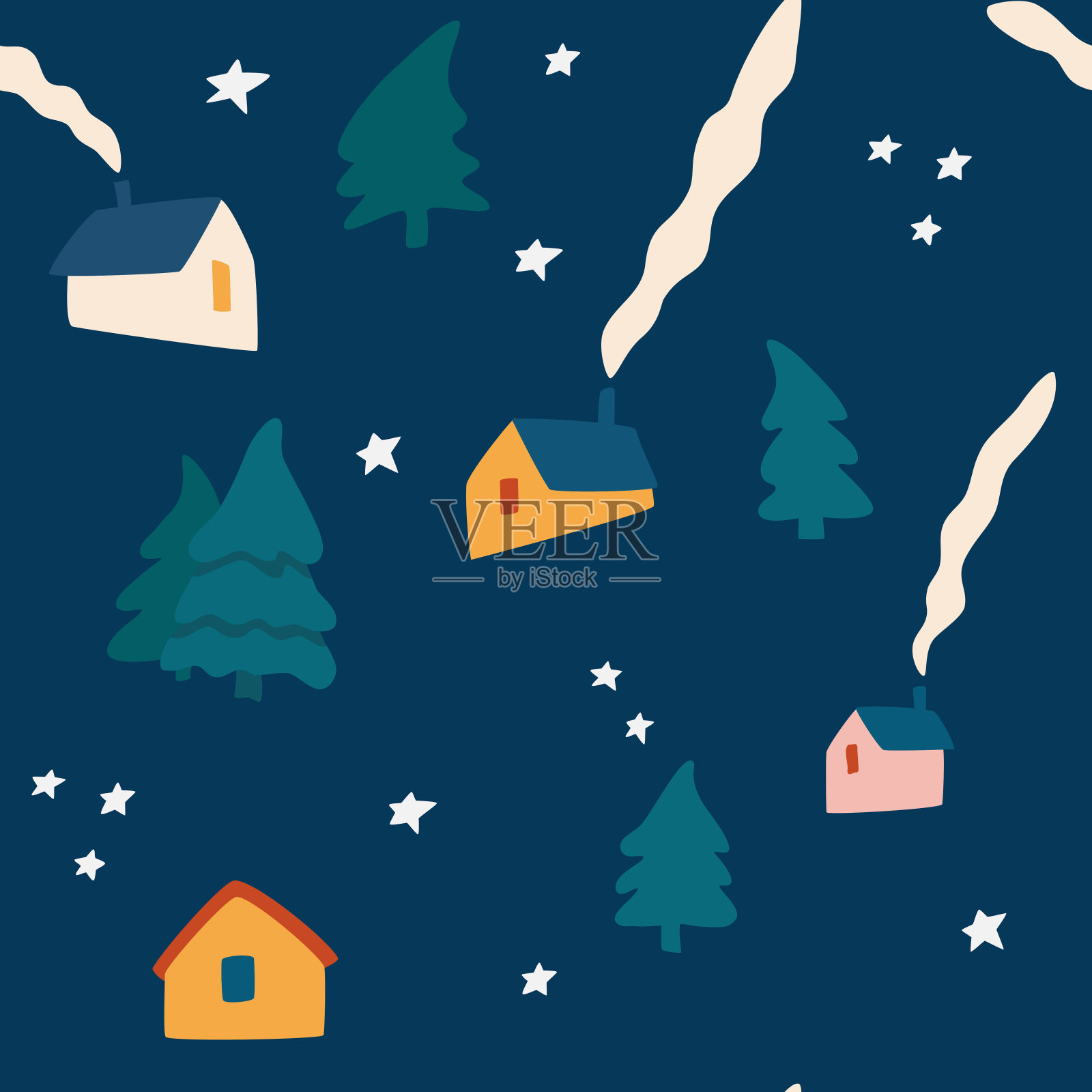 冬季房屋无缝模式。北欧风格的冬季景观。用于圣诞背景面料、节日服装、包装纸、睡衣。矢量插图。插画图片素材