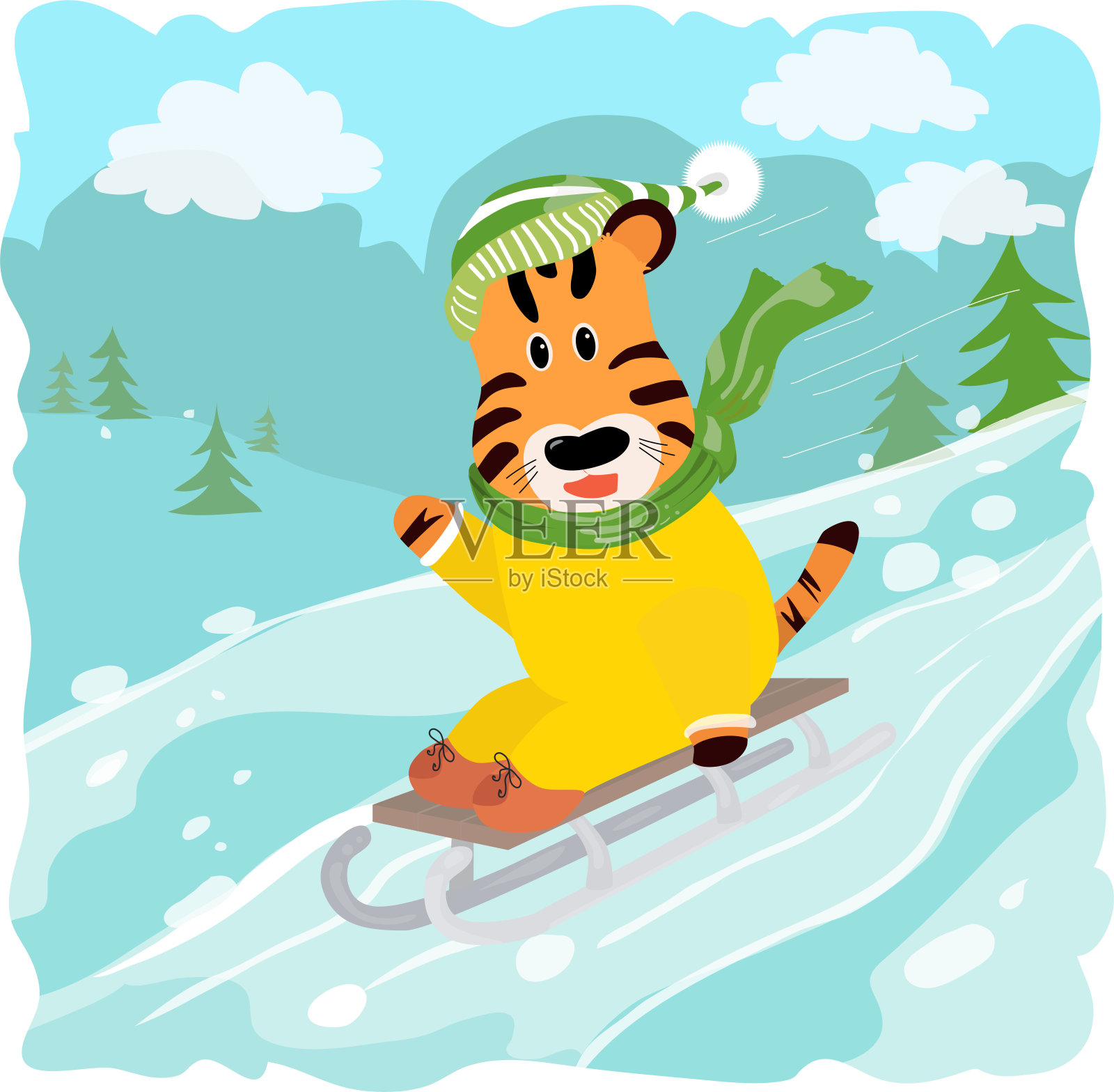 可爱的老虎滑雪橇。插画图片素材