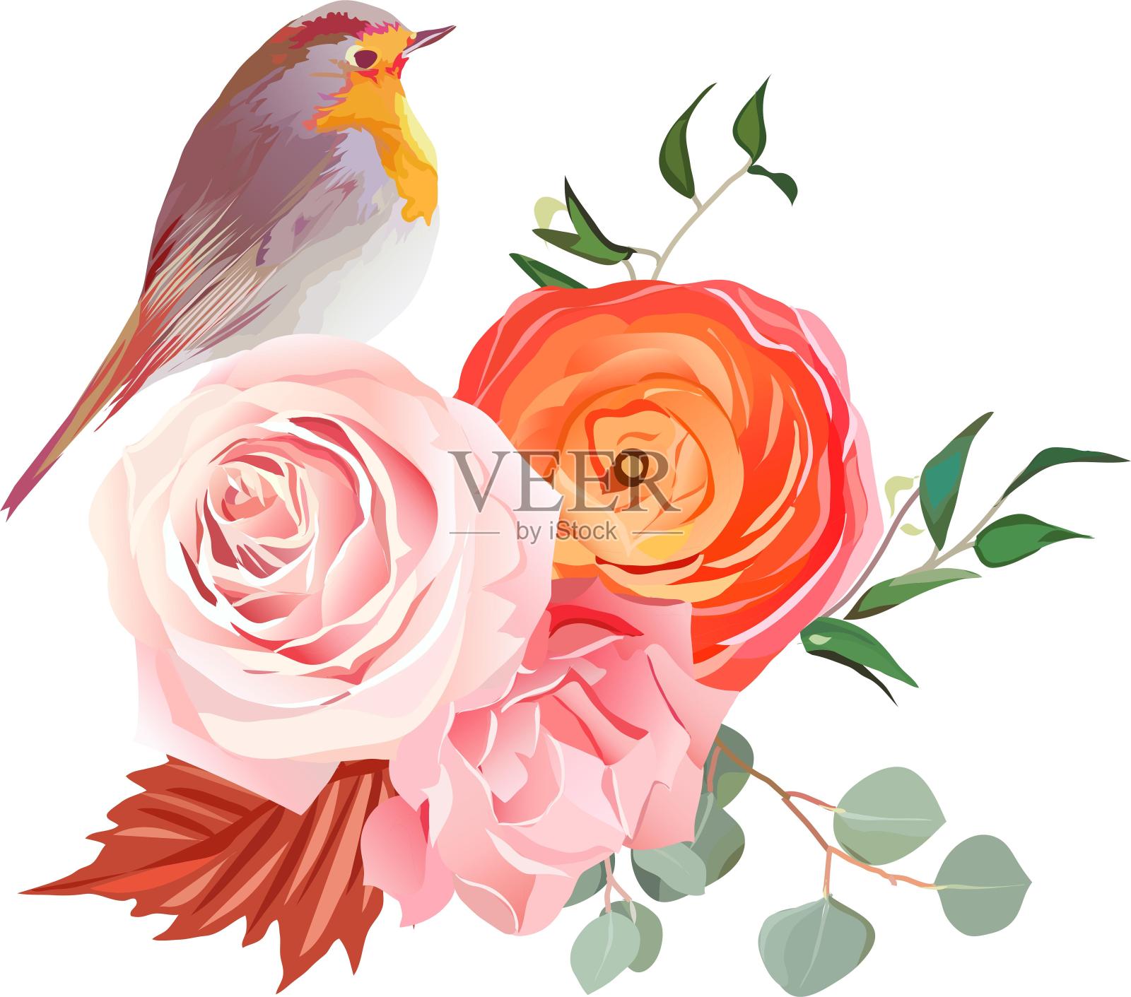 手绘插画大自然花朵小鸟植物装饰元素设计元素图片