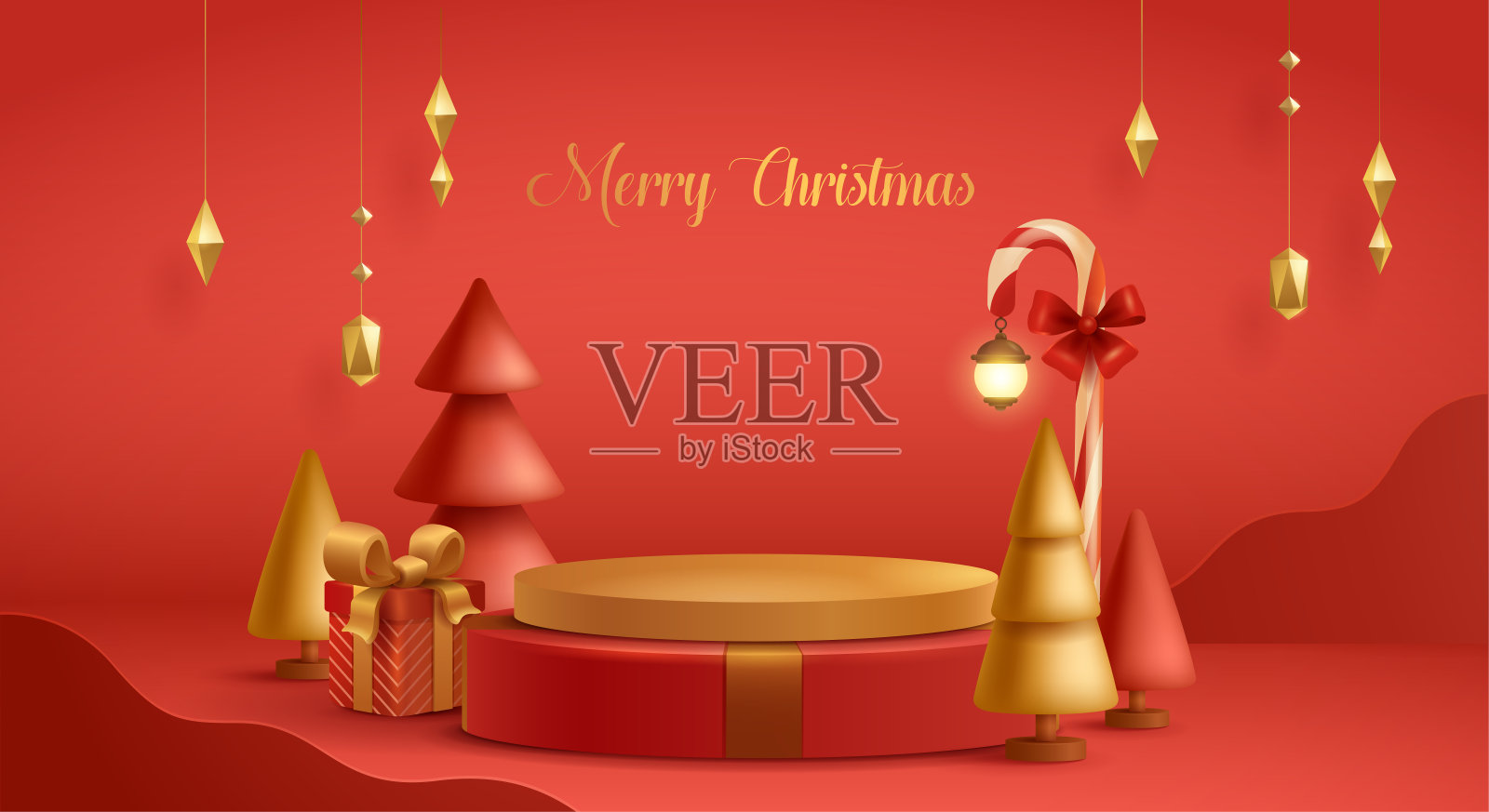 圣诞红色和金色主题产品展示背景三维插图与圣诞节日装饰和讲台。设计模板素材