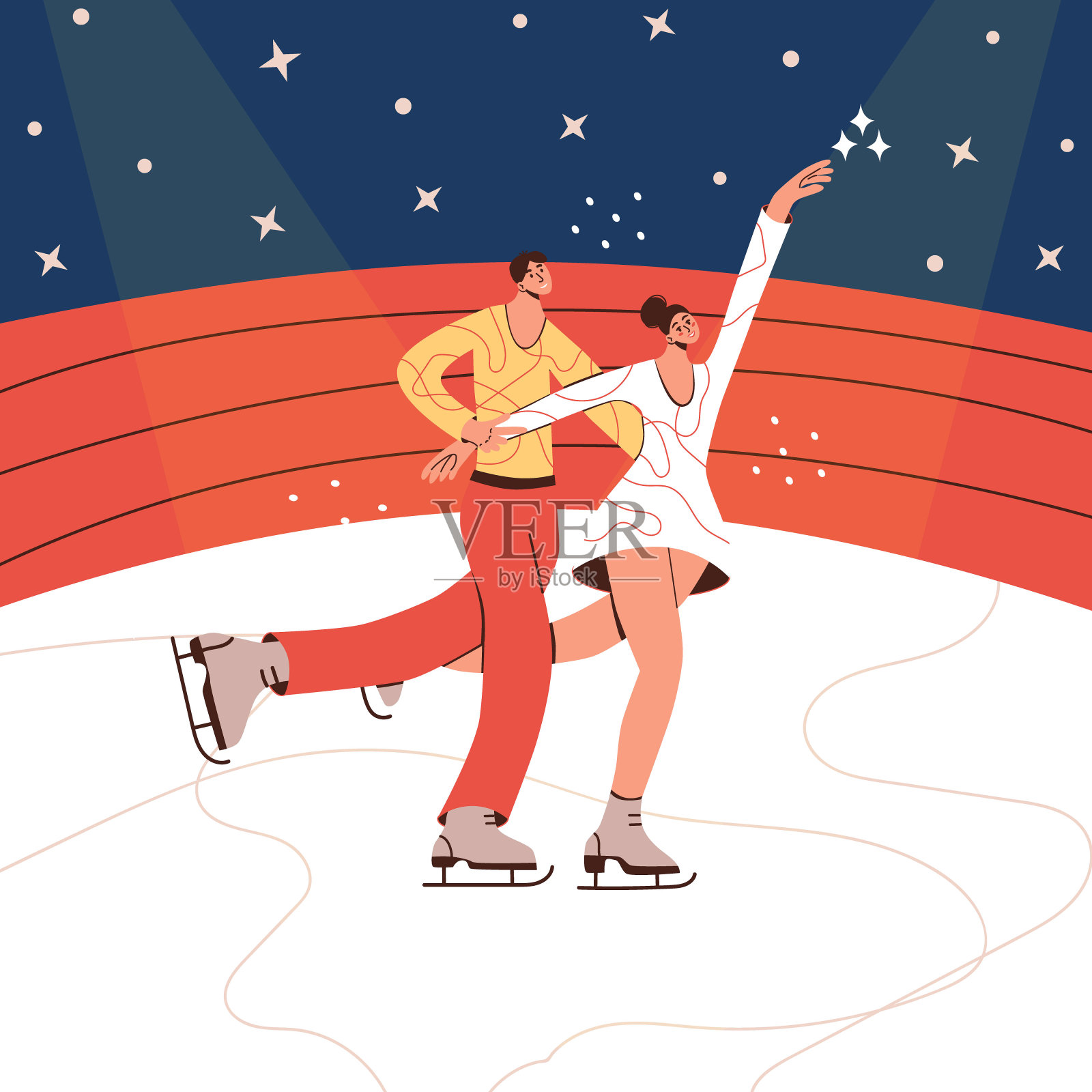 情侣花样滑冰孤立的卡通平面矢量插图在时尚的颜色。对花样滑冰。冬季运动、冰上舞蹈、女子体操、锦标赛、竞赛活动等现代设计元素插画图片素材