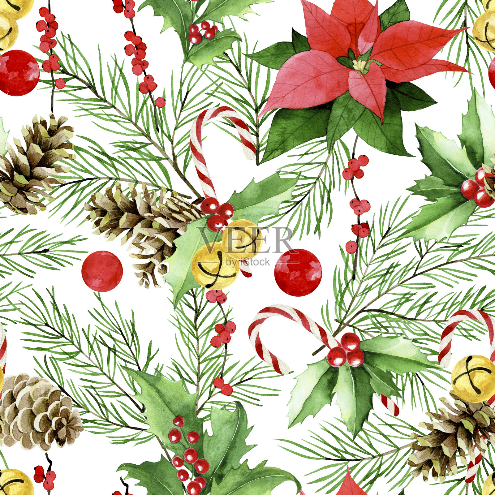 水彩无缝图案的主题圣诞，新年。白色背景上有冷杉枝、poinzeta、松果和糖果的复古印花插画图片素材