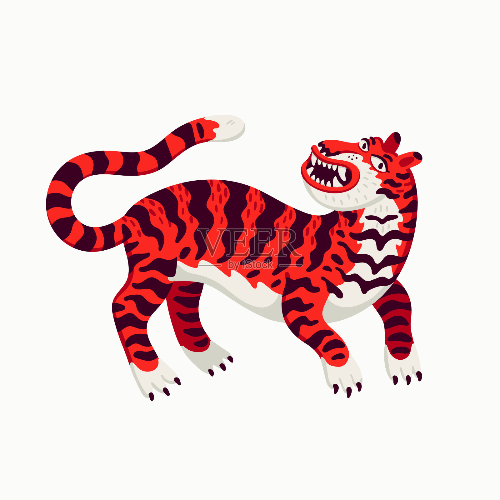 老虎矢量插图，卡通红色的老虎在白色的背景。有机平面风格矢量插图插画图片素材
