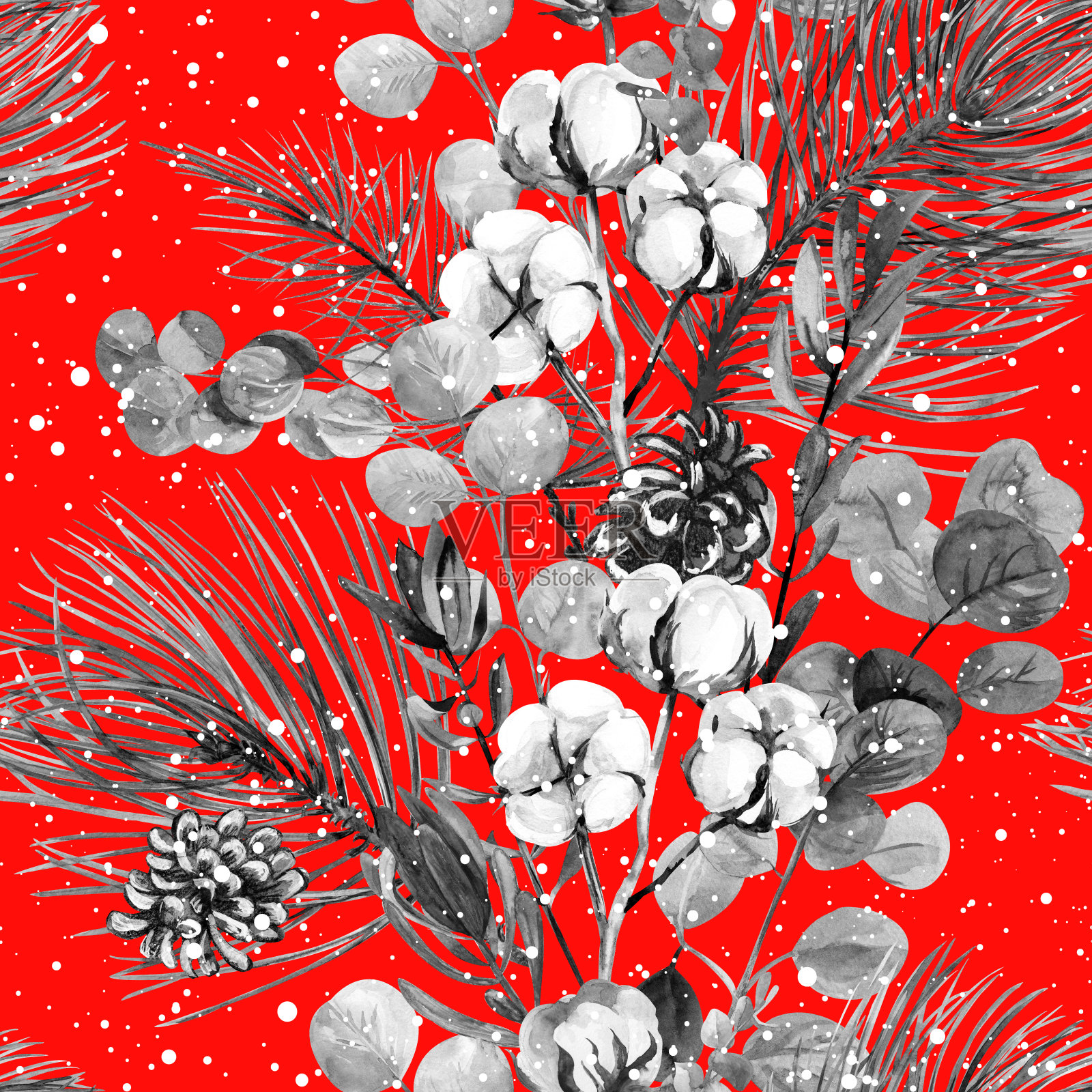图案与黑色和白色的冬季花束和干花和冷杉树枝在红色的背景插画图片素材