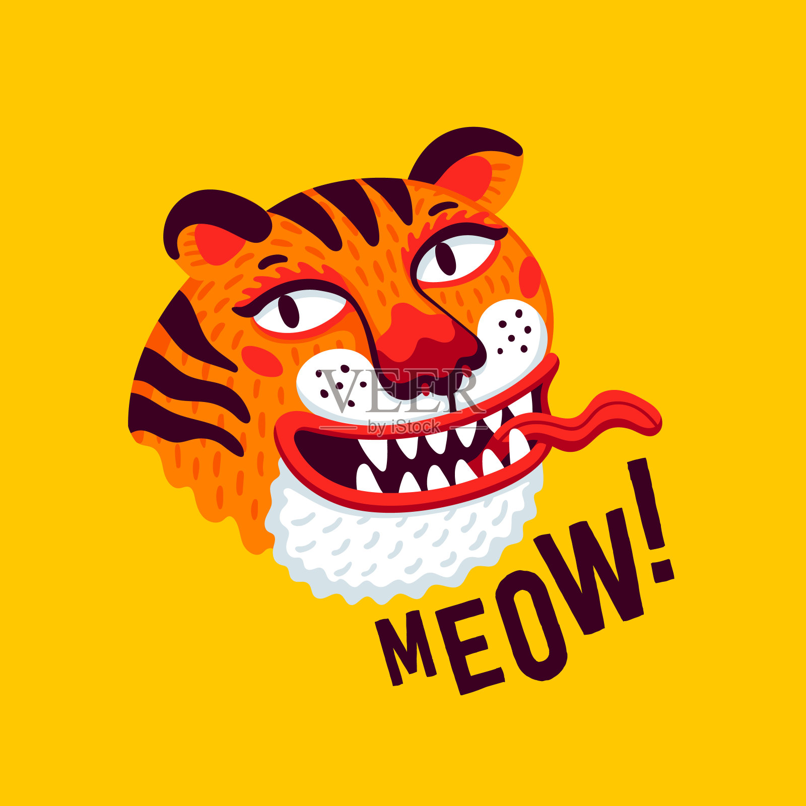 老虎矢量头，卡通老虎有趣的脸和喵文字在黄色背景。有机平面风格矢量插图插画图片素材