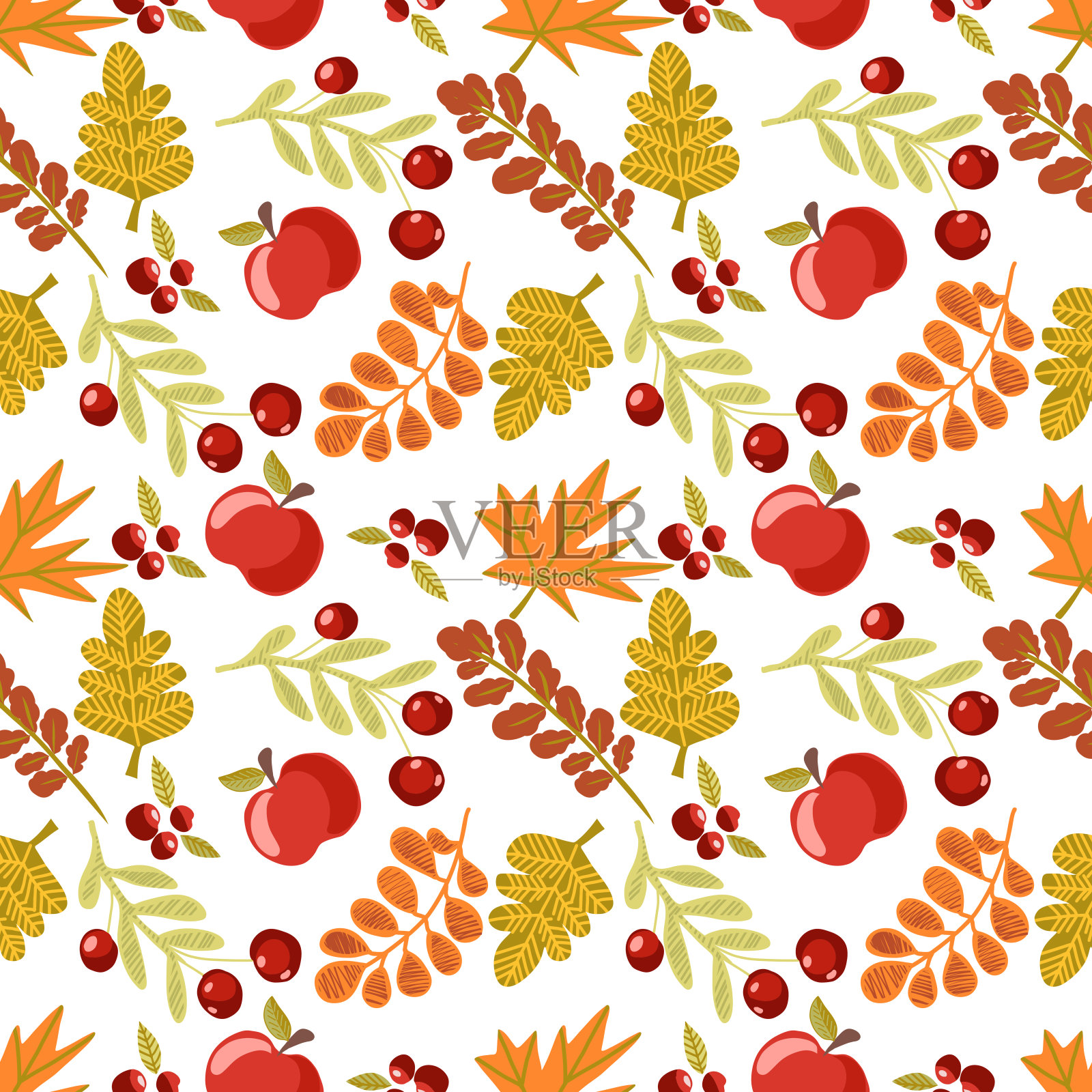 感恩节喜庆背景快乐。矢量无缝模式与浆果，叶子，树枝，向日葵，南瓜，苹果。插画图片素材