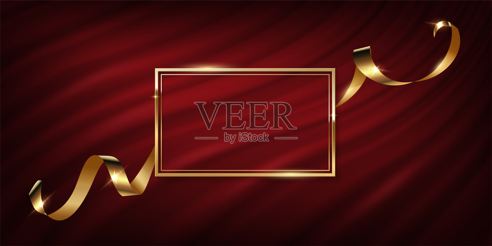 金色框架与丝带在红色窗帘，3d复古豪华横幅颁奖典礼插画图片素材
