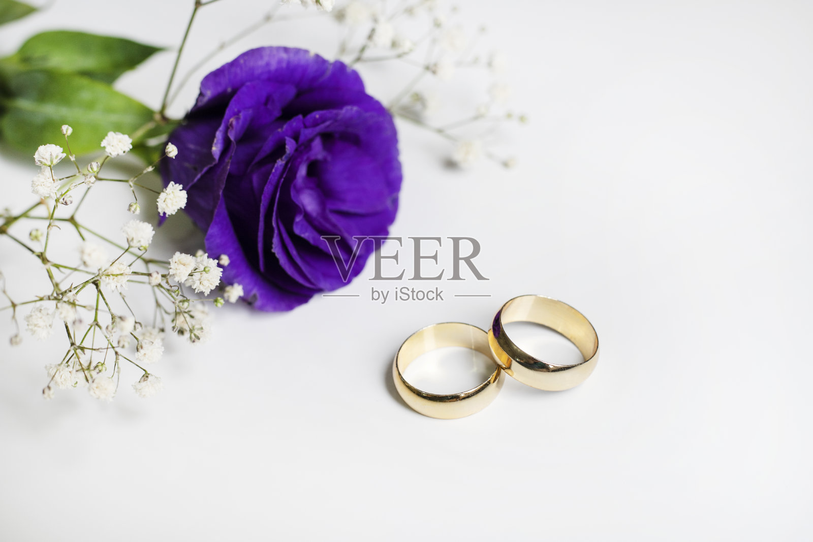 白色背景上有紫色的花和两枚金色的结婚戒指。照片摄影图片