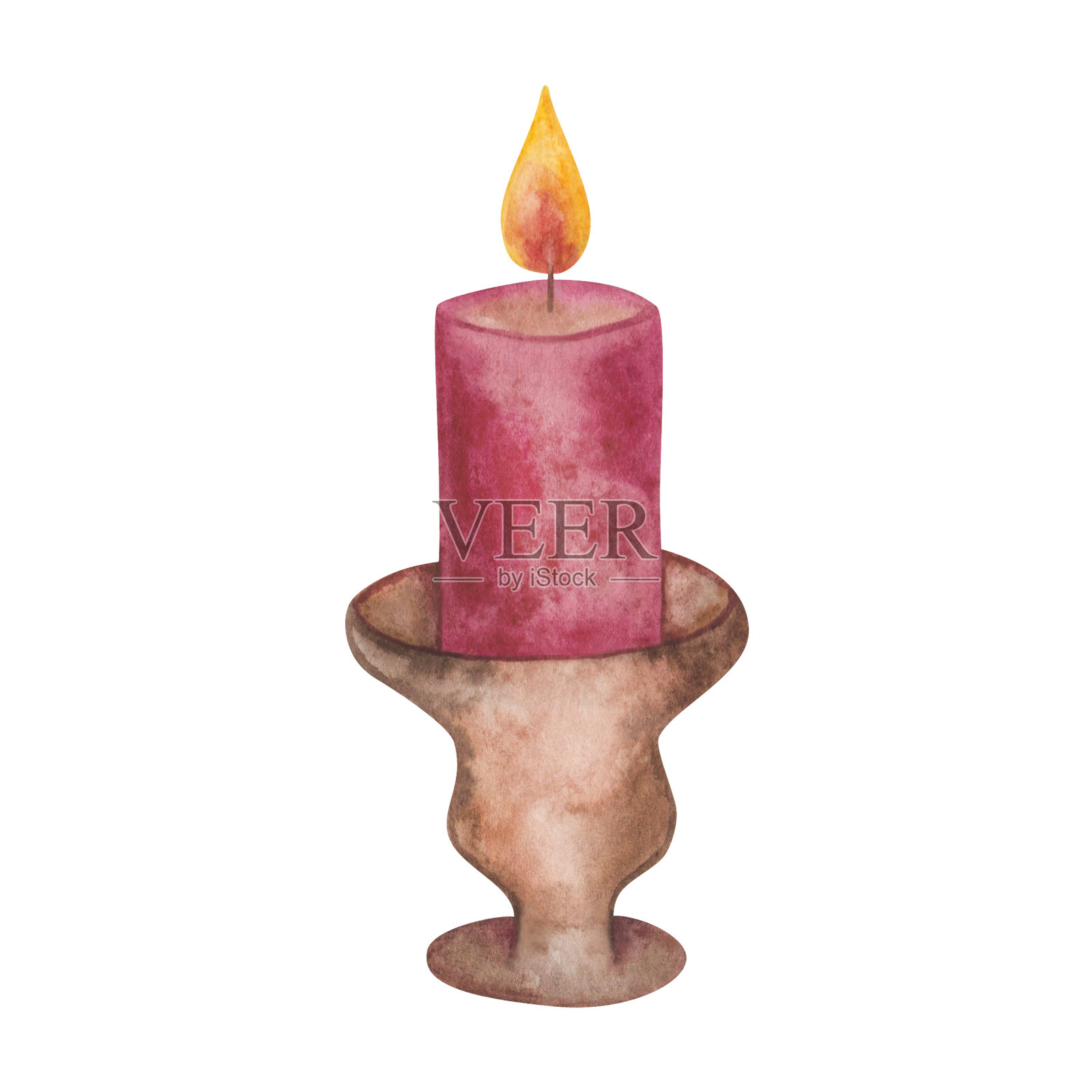 水彩插图手绘蜡栗色蜡烛与黄火在烛台上孤立的白色插画图片素材