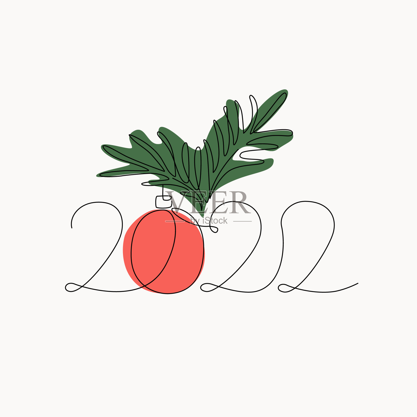 2022年新年字母概念。连续线绘制数字，球，杉树树枝插画图片素材