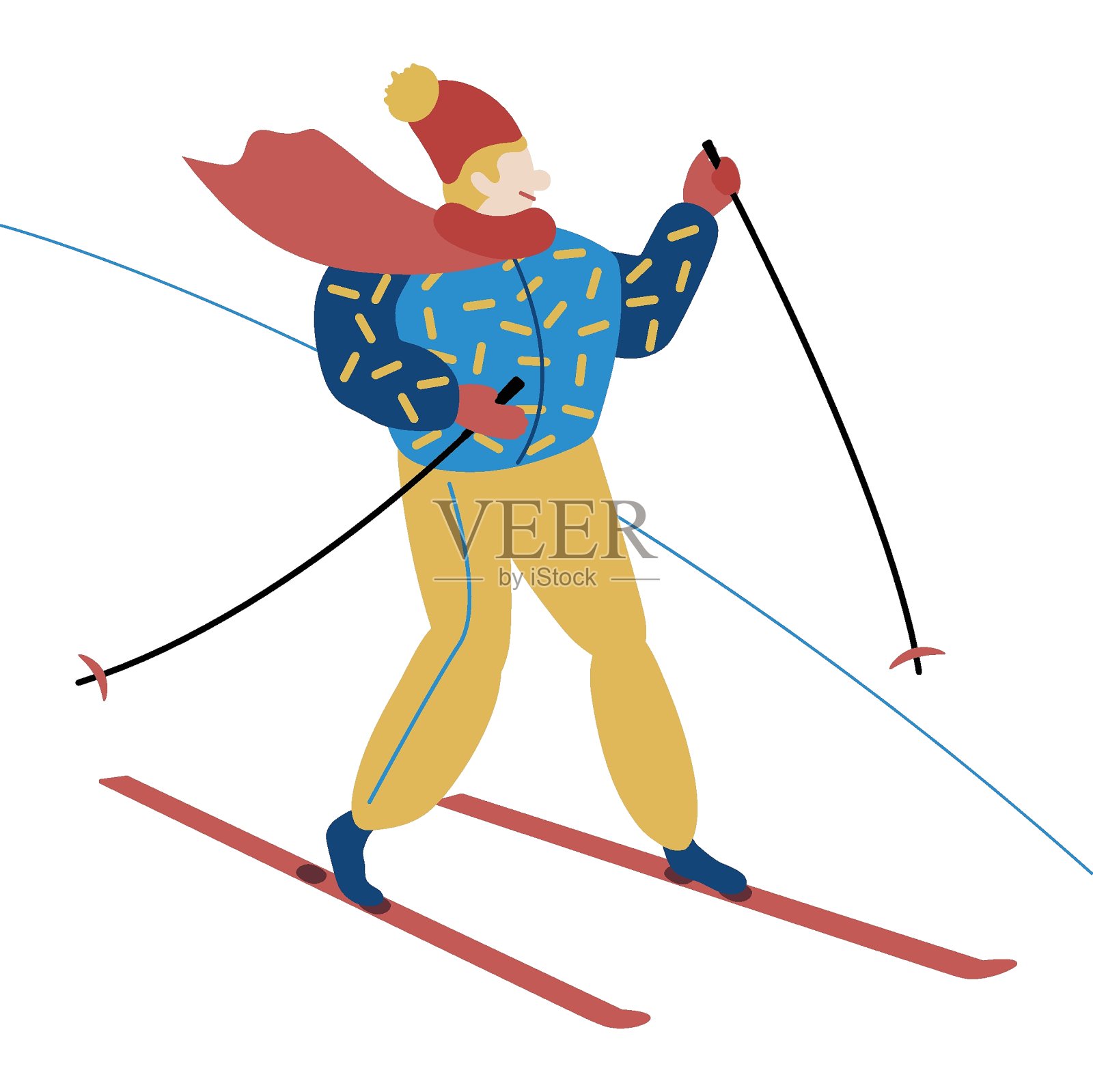 冬季运动和滑雪。一个人在冬天的白天在山上滑雪。滑雪和暖和的运动服。男人穿着冬天的衣服。平面，矢量卡通插图孤立在白色背景。插画图片素材