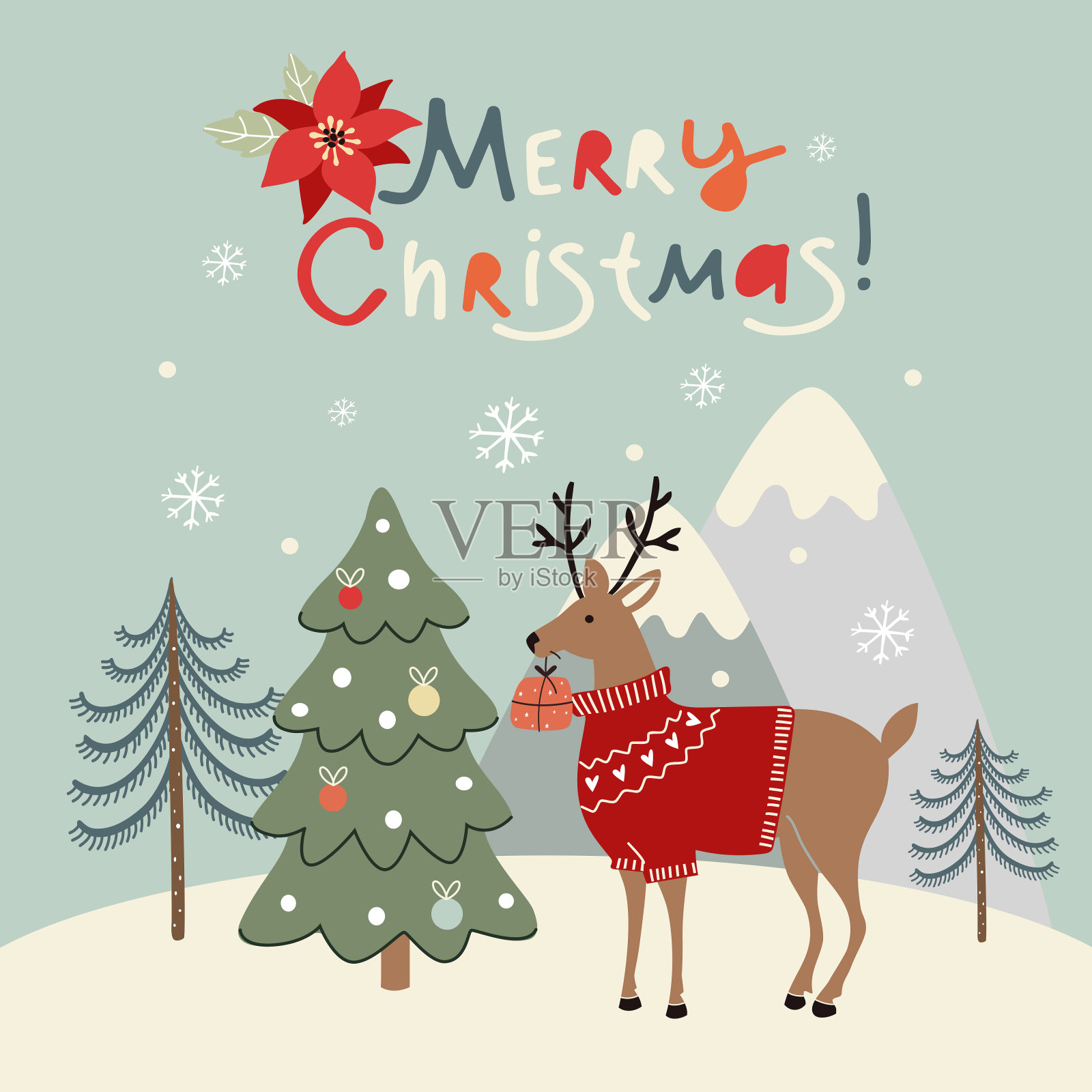 可爱的圣诞鹿与礼物的背景上的冬季自然，矢量插图插画图片素材