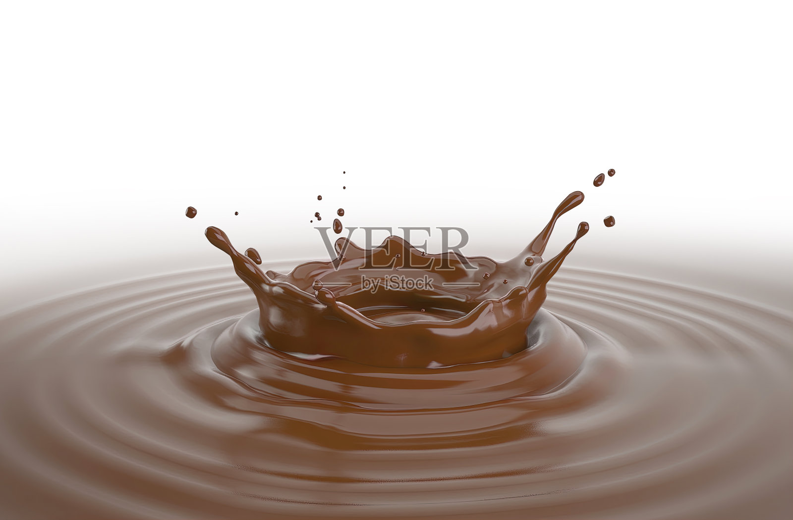 液体巧克力皇冠溅池与涟漪。照片摄影图片
