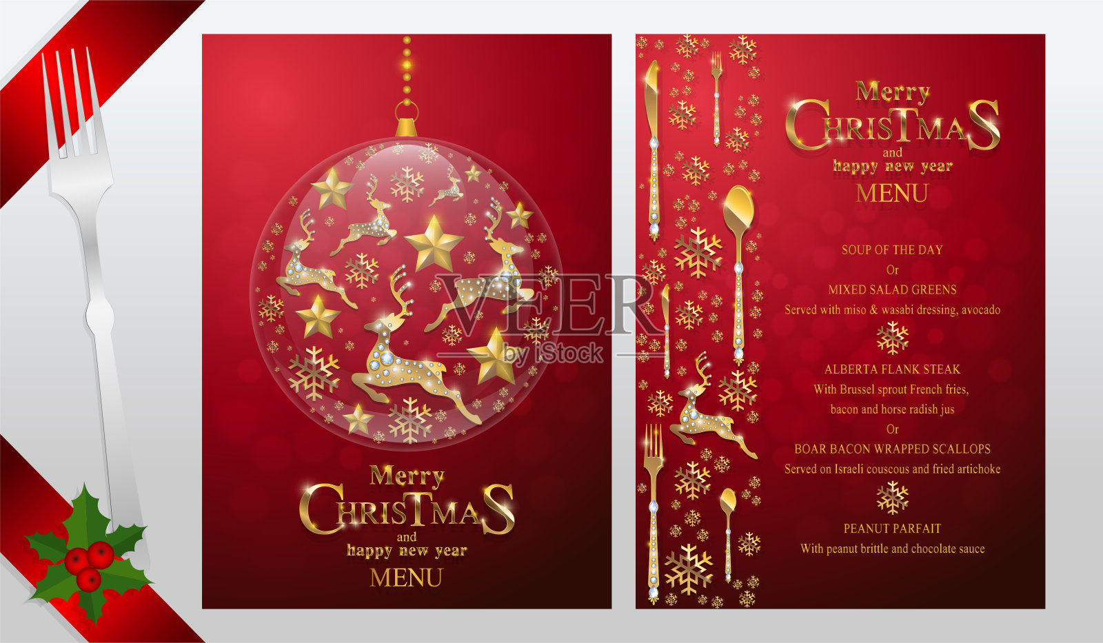 圣诞和新年快乐菜单与黄金图案和水晶纸颜色。设计模板素材