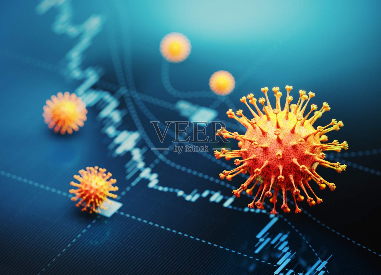 COVID-19病毒在蓝色金融图背景- COVID-19和金融概念照片摄影图片