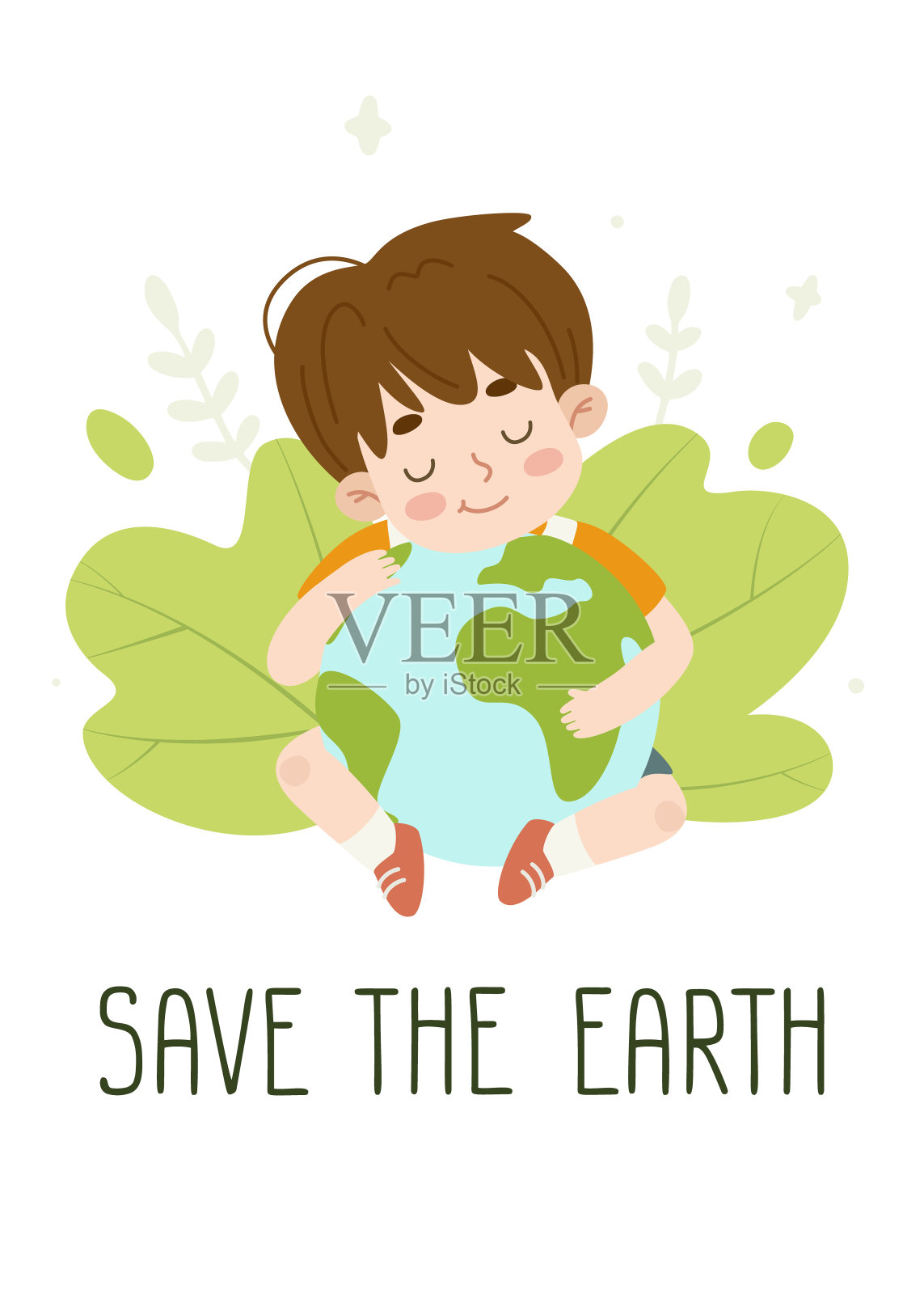 小男孩坐着，拥抱着大地。海报与可爱的孩子捧着星球在他的手。拯救地球文字。插画图片素材