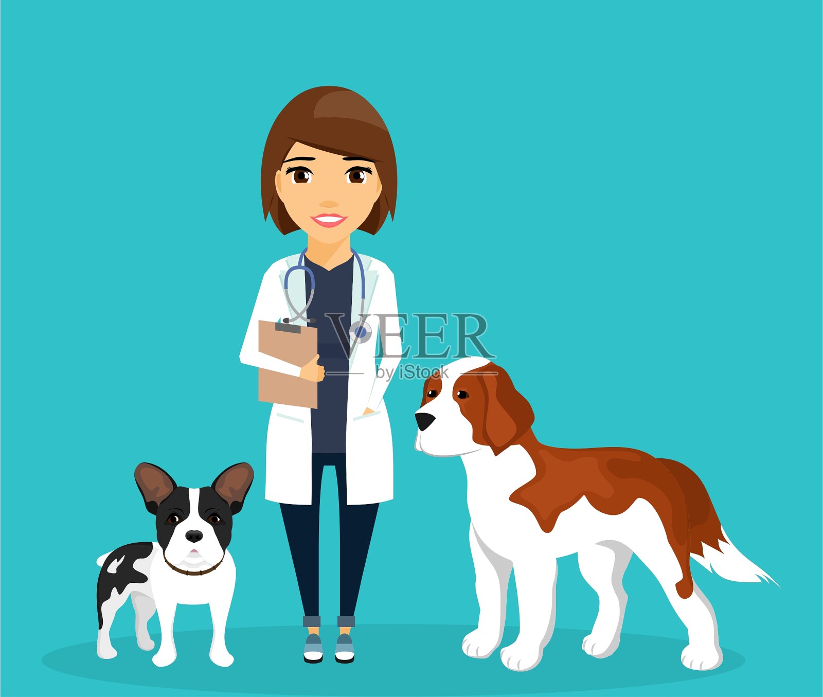 一个女孩是兽医，站在狗的旁边。动物保健。蓝色背景上的扁平风格。卡通。插画图片素材