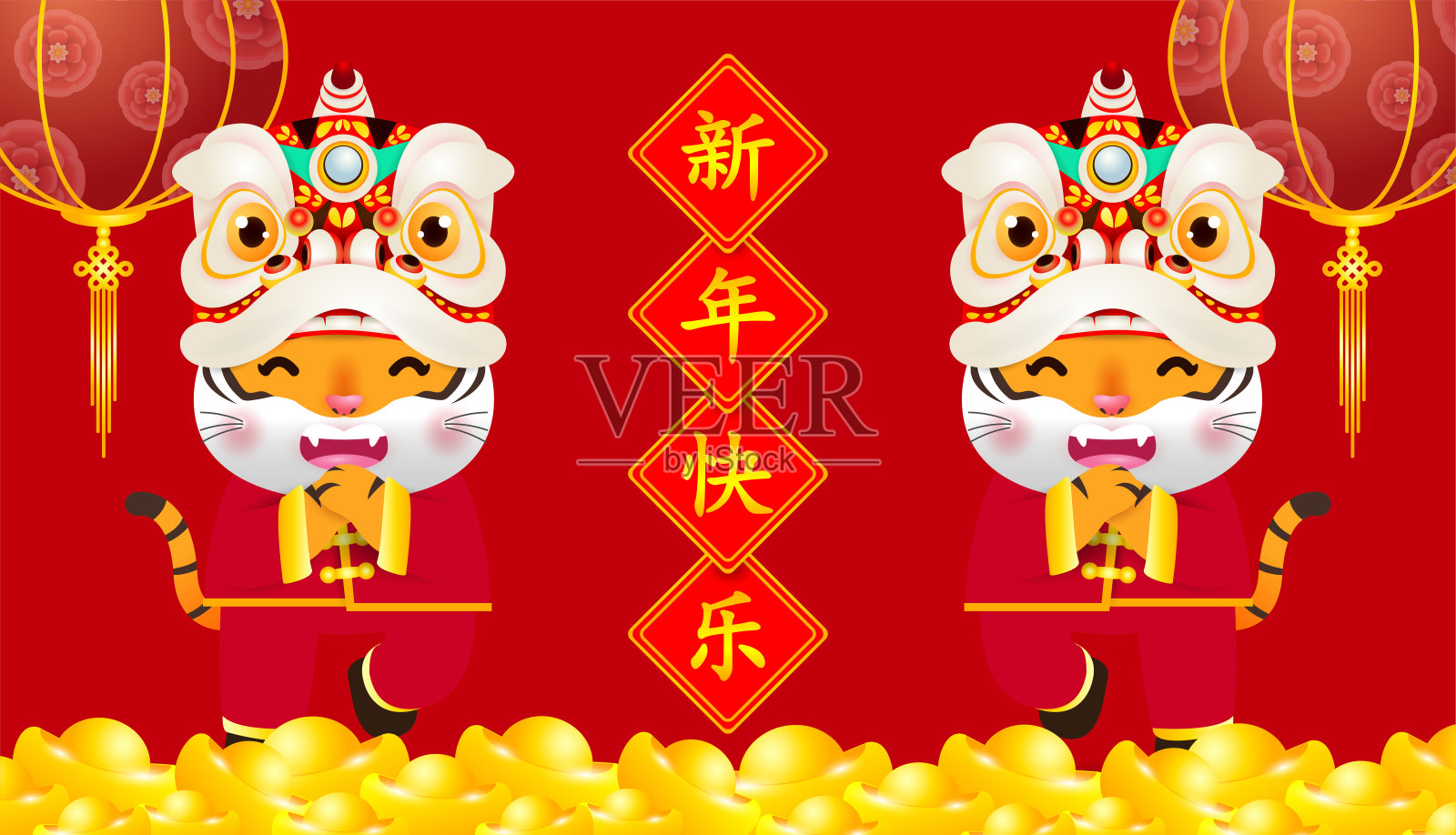 快乐中国新年2022年虎年生肖设计与可爱的两只小老虎问候宫喜发，宣传册，日历背景矢量插画设计，翻译:新年快乐设计模板素材