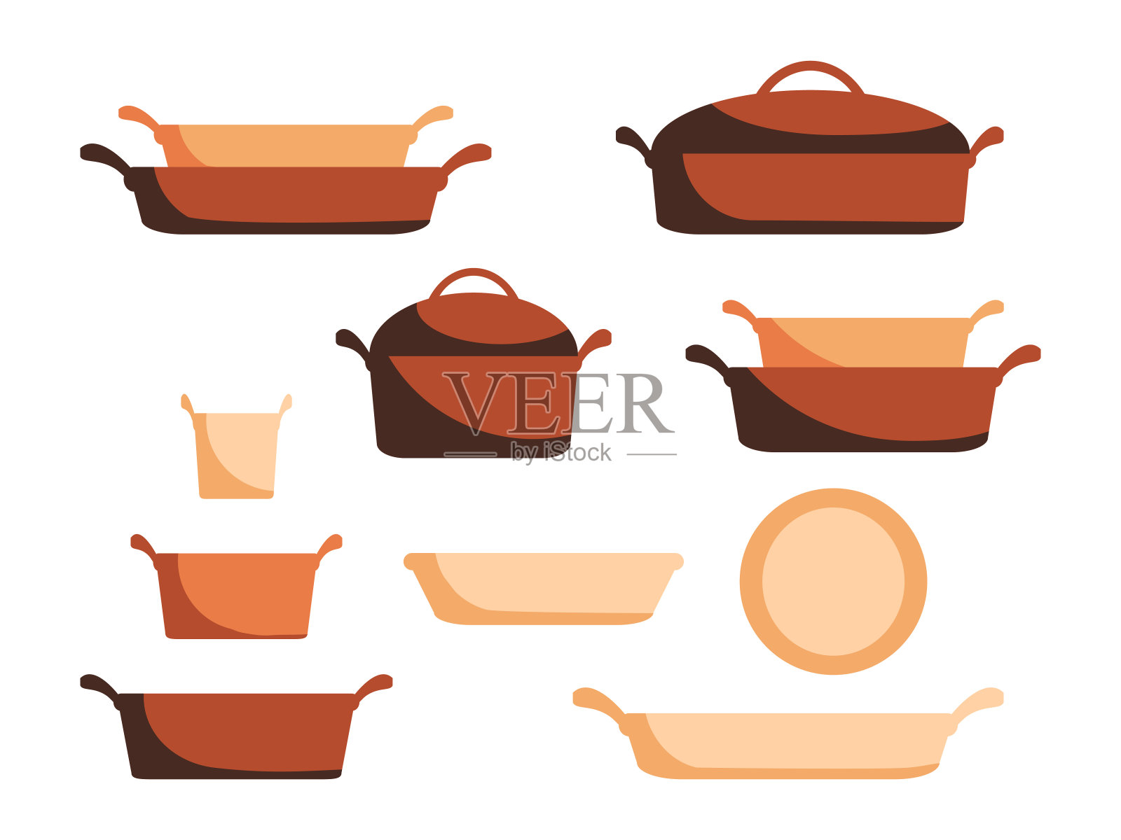 卡通陶瓷炊具集，锅，平底锅，炖锅和器皿工具烹饪孤立在白色背景，矢量插图。厨房家居图标对象设计元素为煮和炸插画图片素材