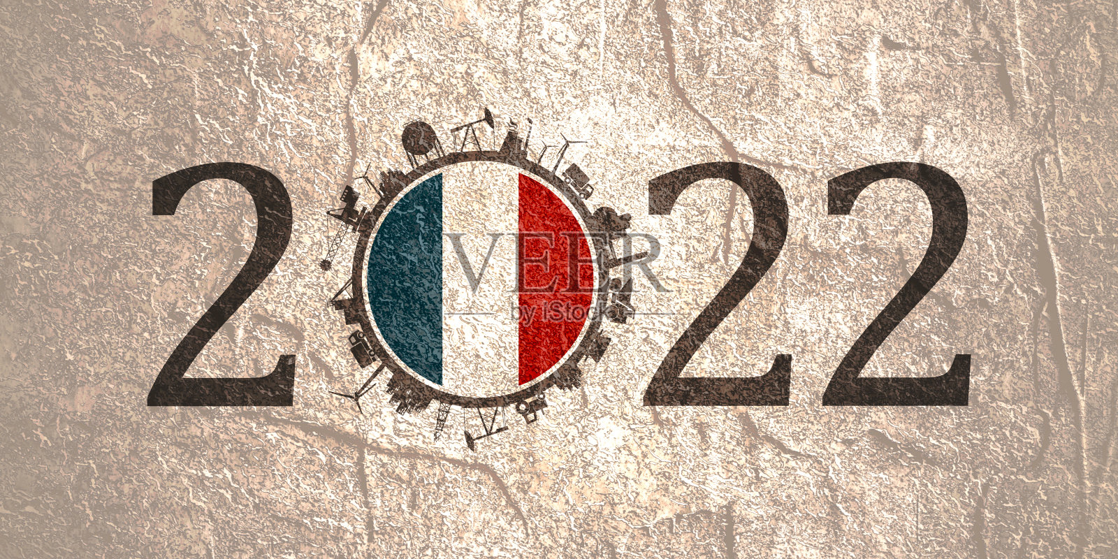 2022年数字，工业图标大约为零。法国的国旗。插画图片素材