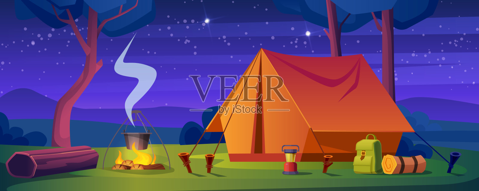 晚上有篝火和帐篷的夏令营插画图片素材