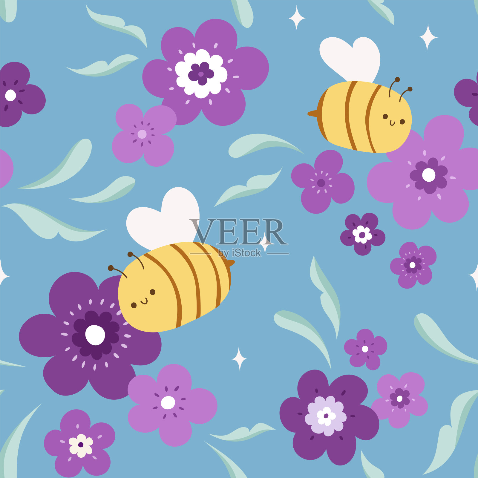 可爱的向量无缝模式与蜜蜂和花朵。用于织物、纺织品的装饰花卉背景。插画图片素材