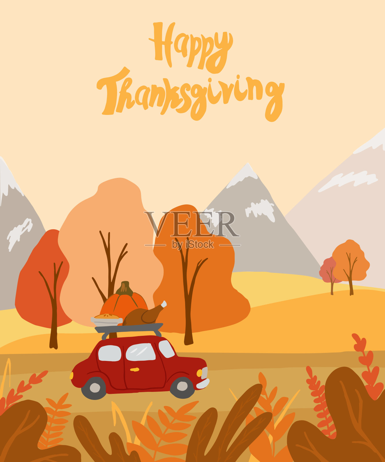 平的秋天的风景。矢量乡村插图与森林，草药，道路和红色可爱的车与南瓜。感恩节卡片设计模板素材