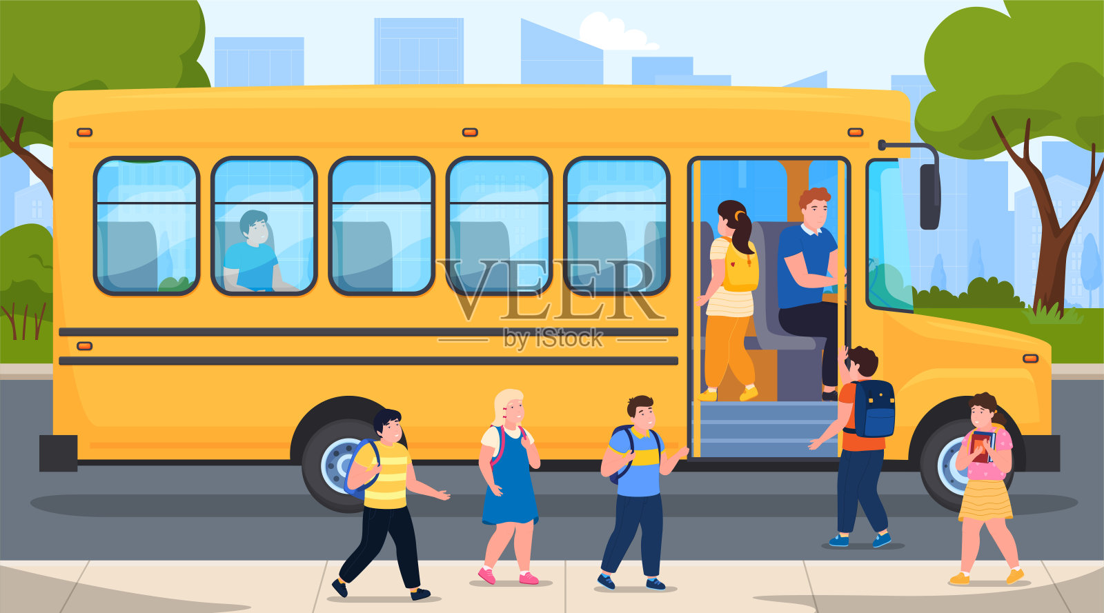 孩子们乘黄色校车与司机矢量平面插图登车进入公共服务插画图片素材