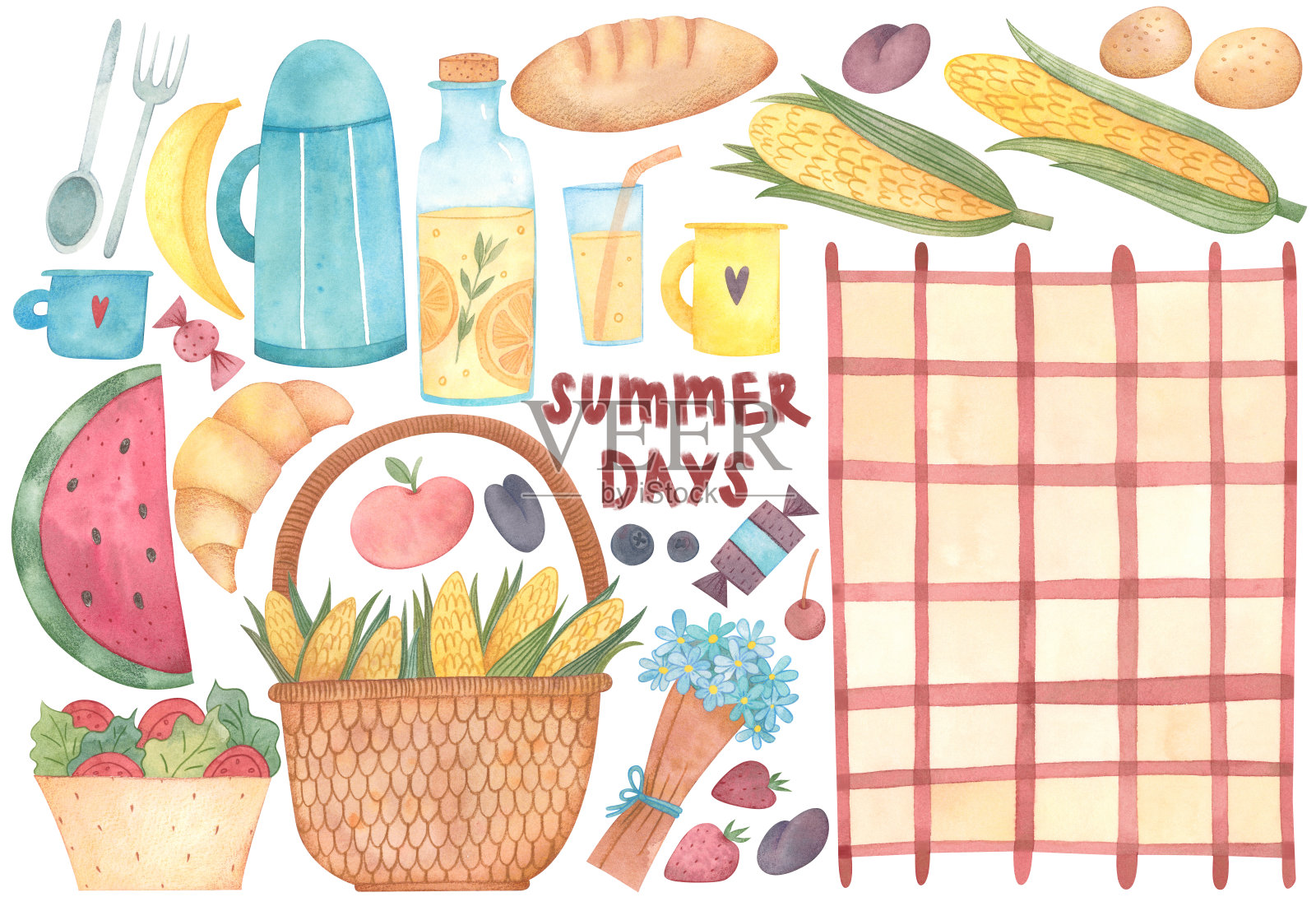 一套可爱的水彩插图与夏季野餐的主题。插画图片素材
