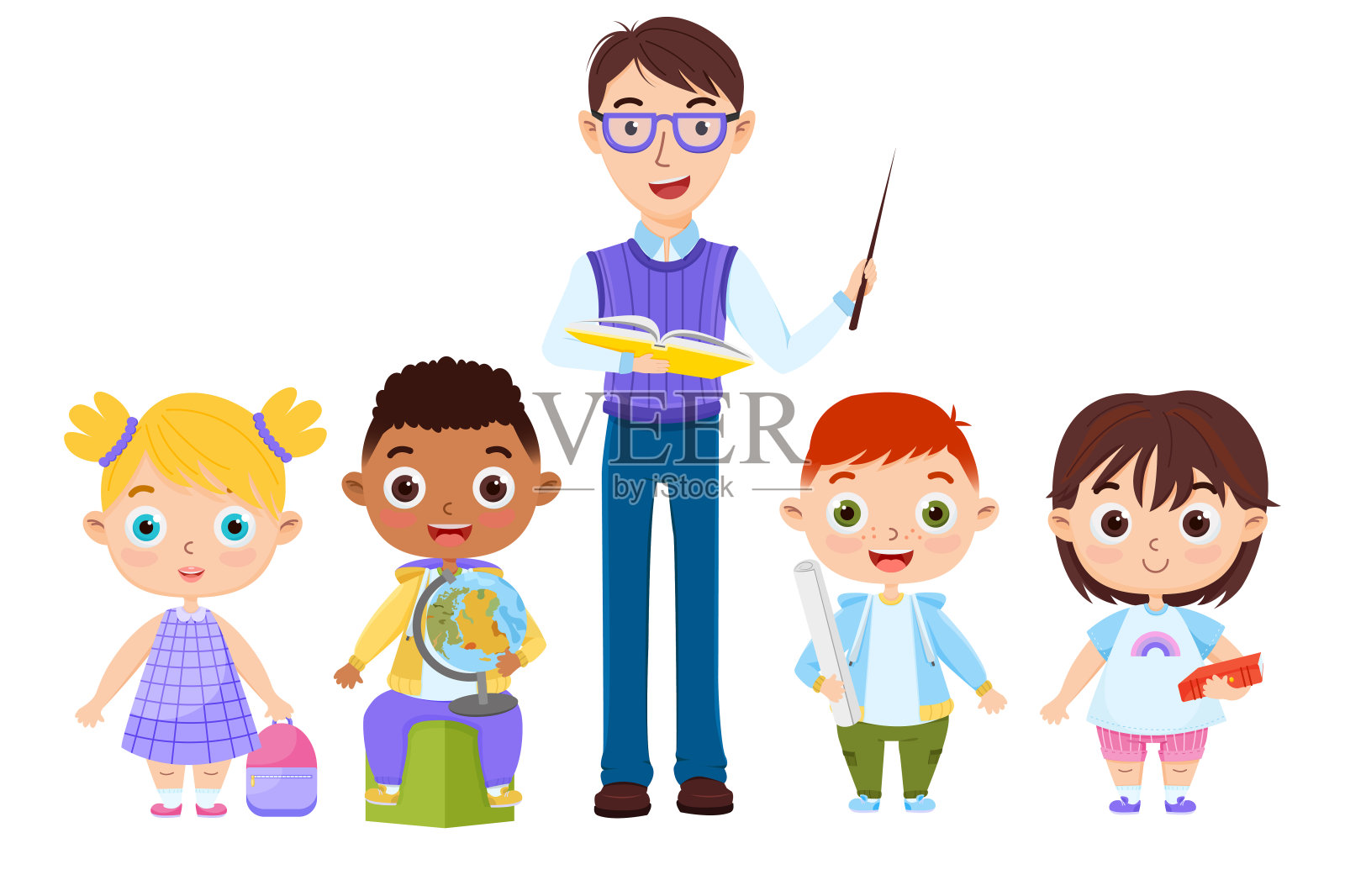 一个教师和孩子的向量插图在白色的背景。学校教育。插画图片素材