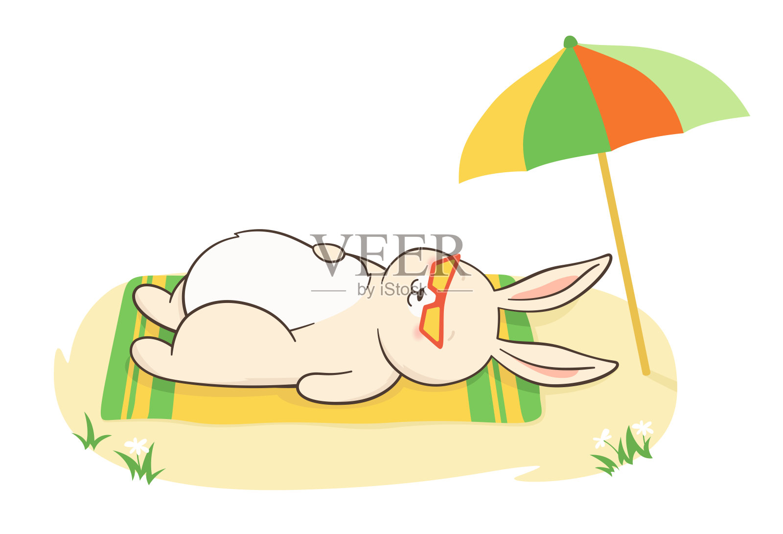 兔子太阳镜躺在伞下海报兔子幼稚的性格海滩放松的野兔向量插画图片素材