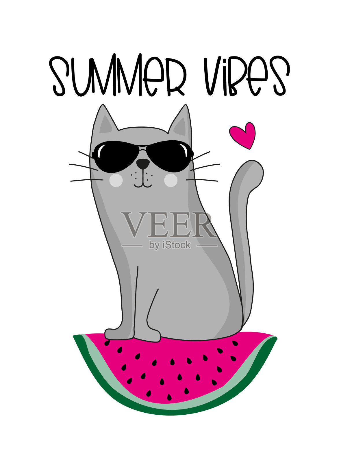 夏天的氛围——西瓜片上凉爽的猫插画图片素材