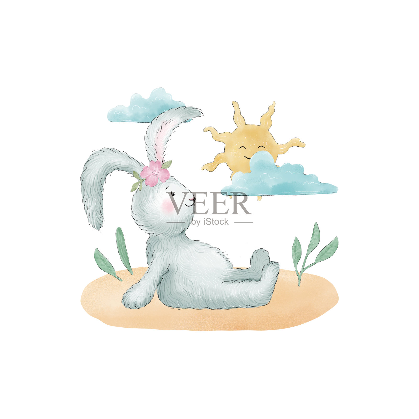 可爱的兔子，粉红色的花和太阳。春天，夏天，复活节插图。插画图片素材
