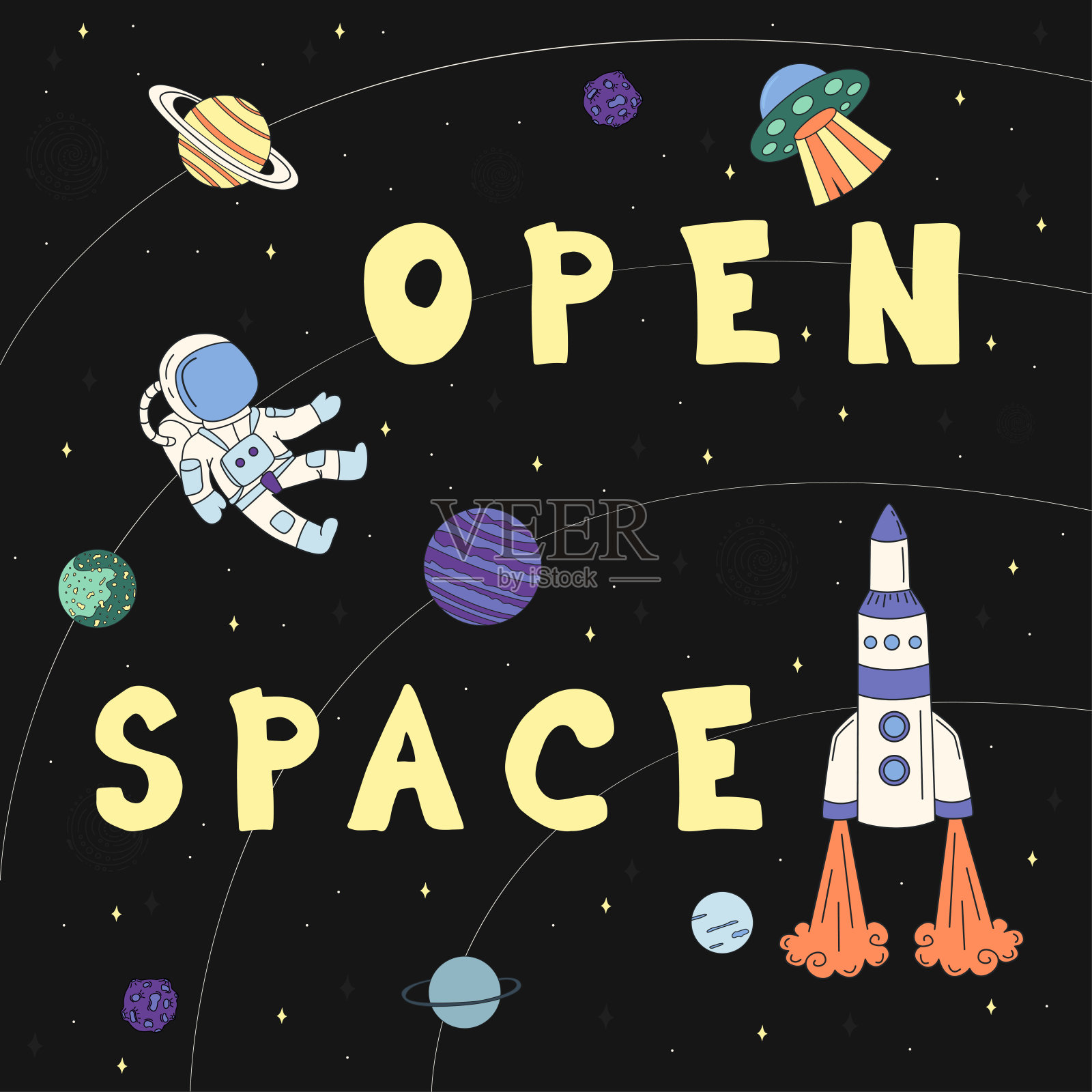 平面矢量插图在涂鸦风格与宇航员，ufo，火箭和行星。碑文打开空间。手工绘制。插画图片素材