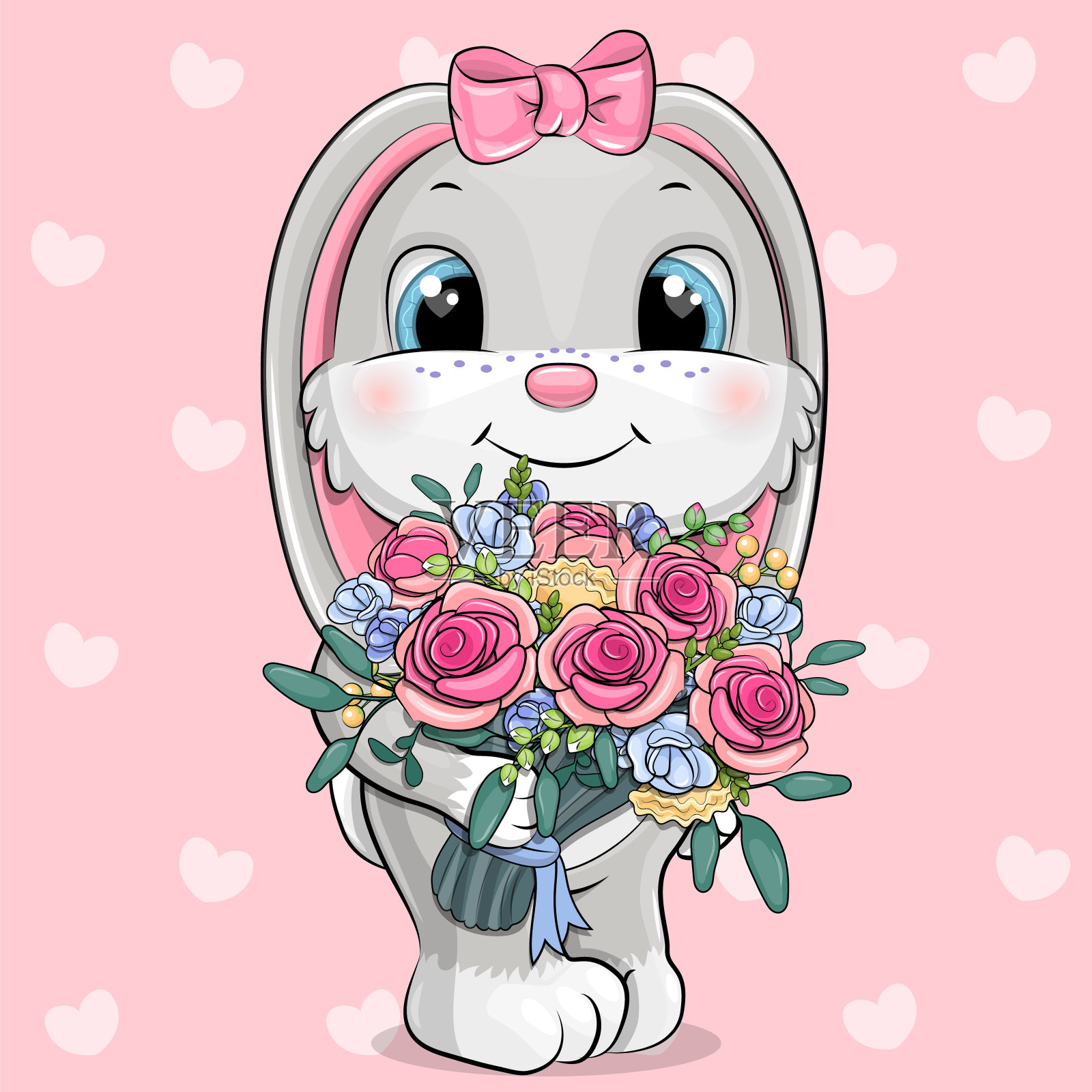 可爱的卡通兔子带着一束花。设计元素图片