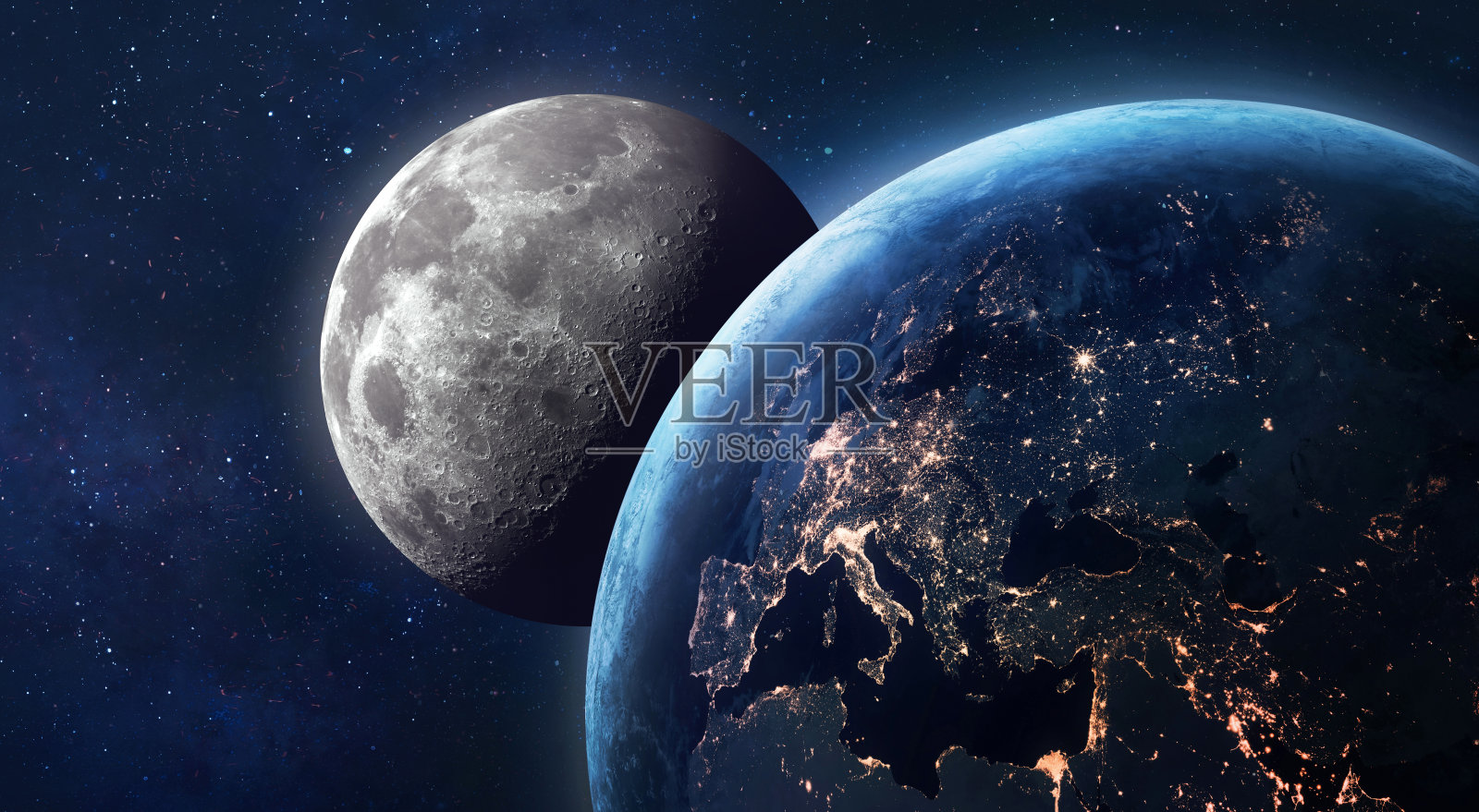 地球和月球在太空中。晚上地球。月球表面有陨石坑。行星月球。阿耳特弥斯太空计划。图片元素由美国宇航局提供照片摄影图片