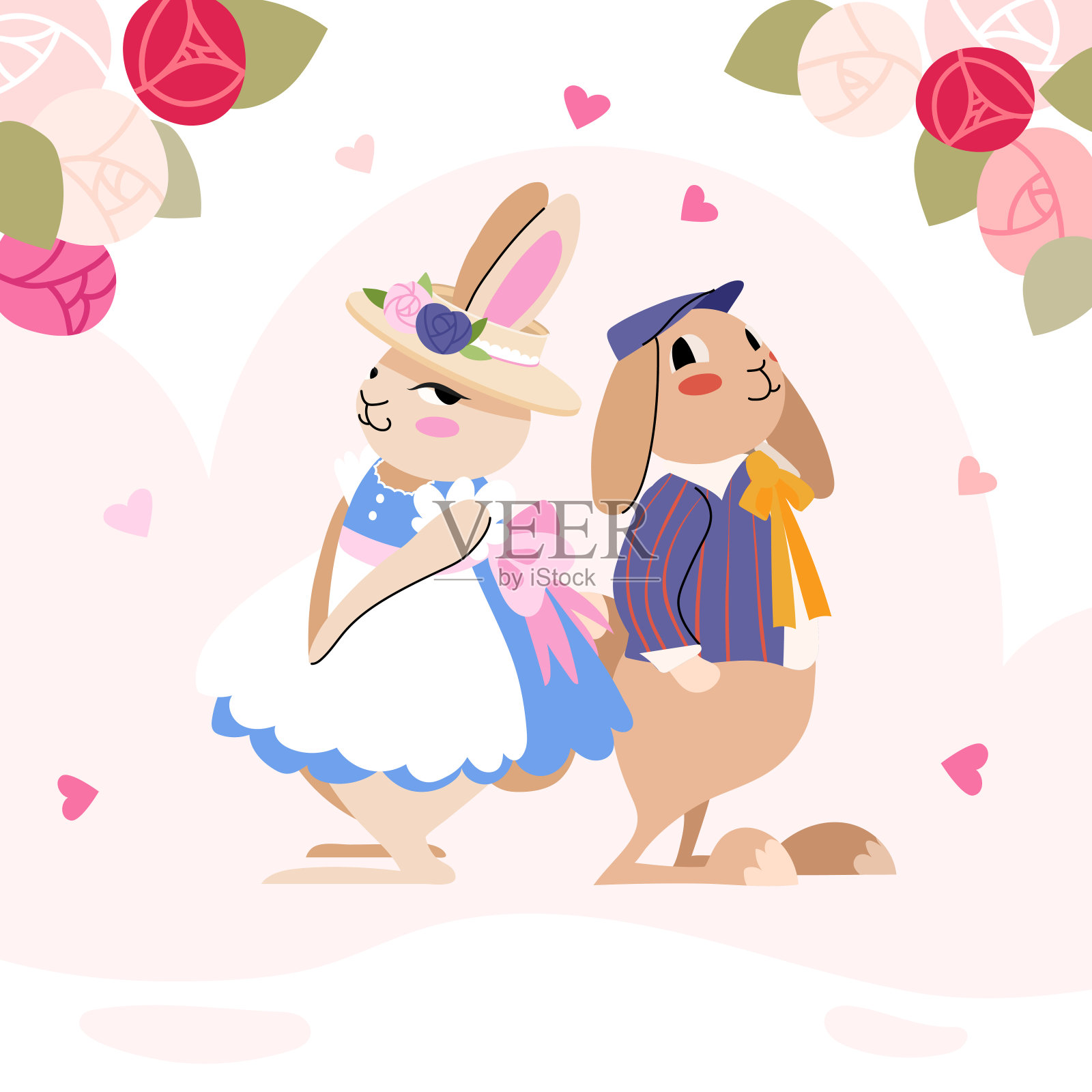 兔子可爱的情侣在爱。矢量平面动物插图。情人节快乐插画图片素材
