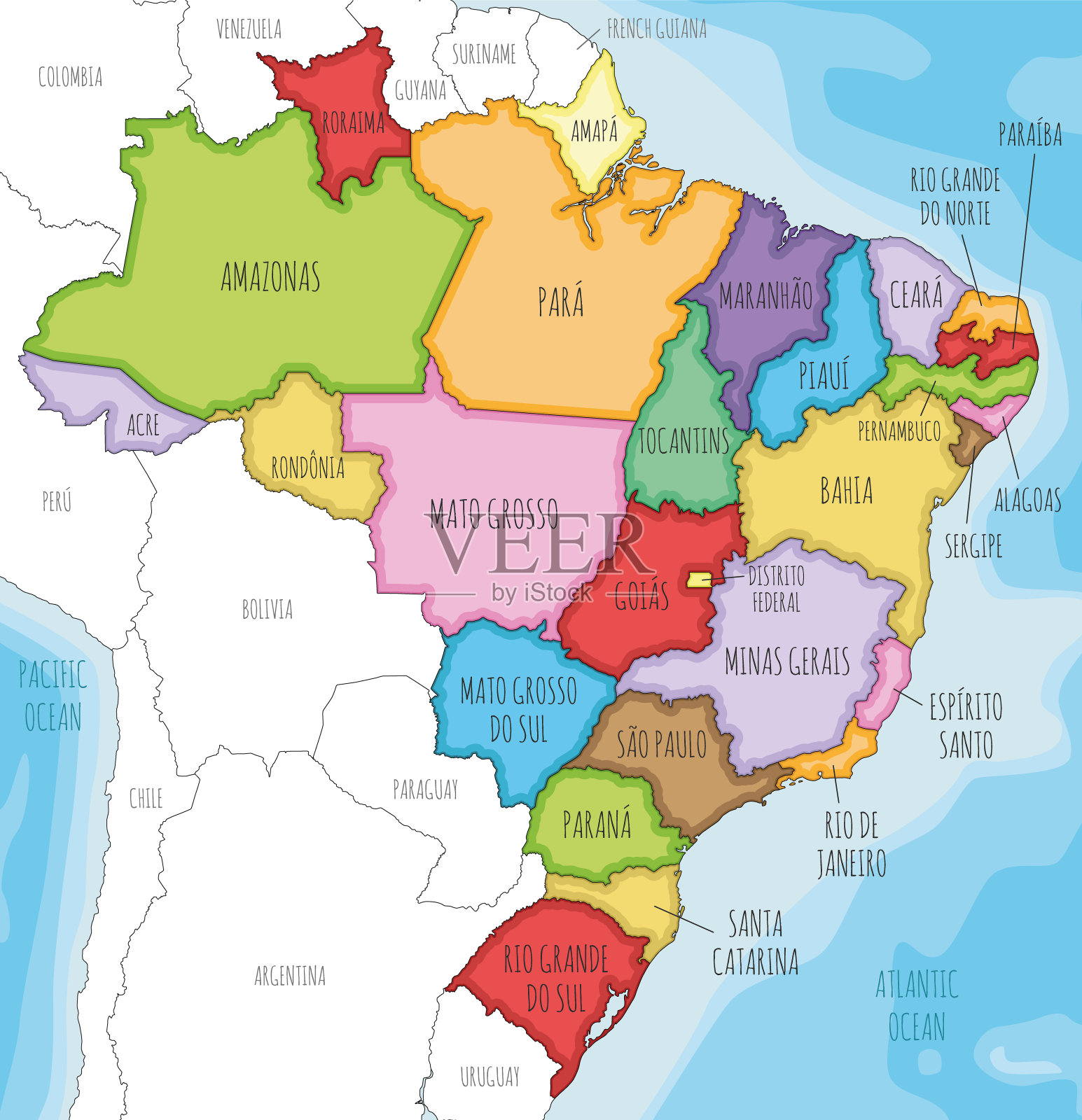 矢量插图的巴西地图与州和行政区划，邻国和领土。可编辑和明确标记层。插画图片素材