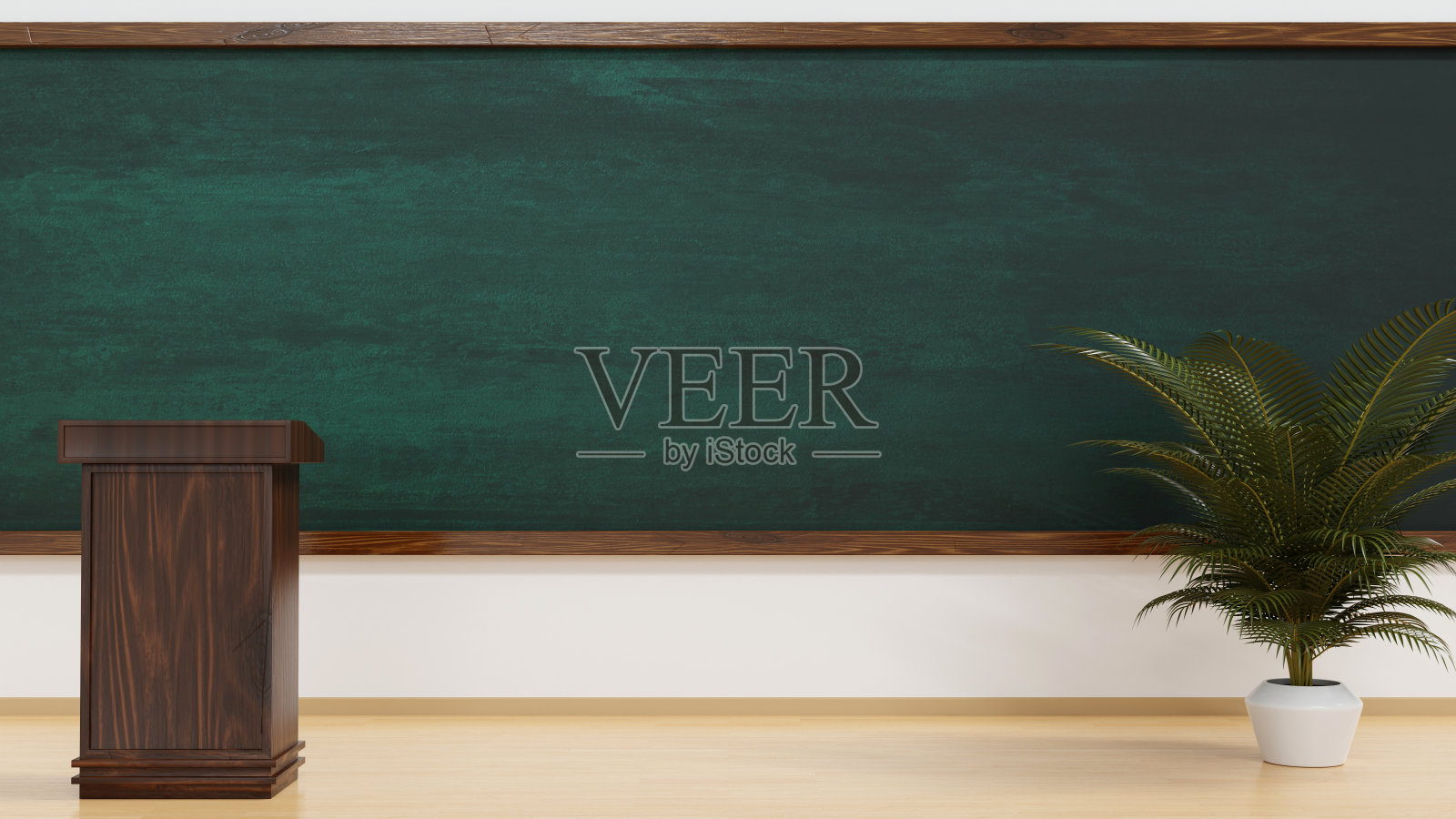 教师讲台配黑板在学校教室，3D效果图。照片摄影图片